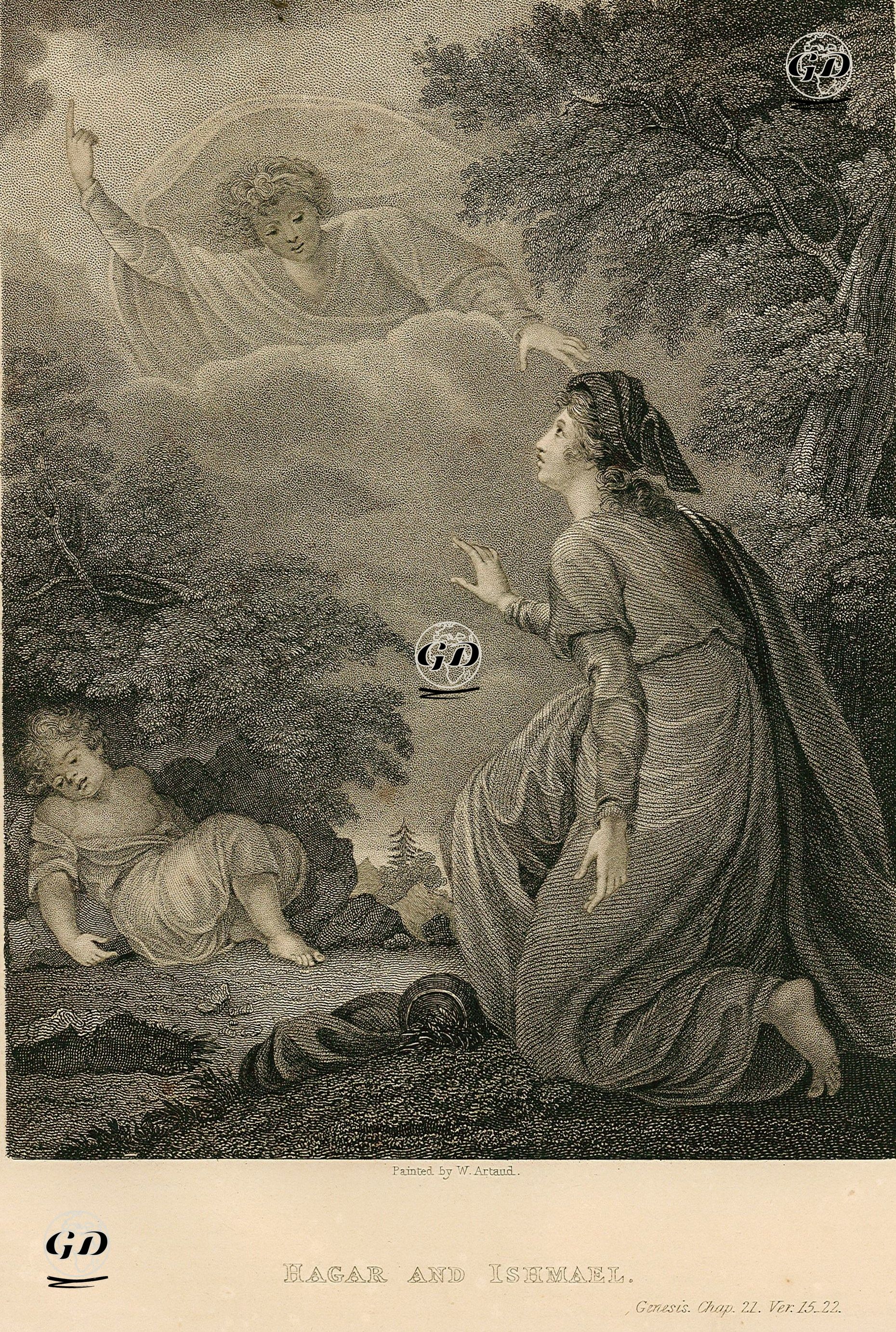 Hazreti Hacer ve Hazreti İsmail'e Çölde Meleğin Gözükmesi,  Genesis (Diriliş), Chapter (Bölüm) 21. Verse (Ayet) 15-22 - William Artaud (1763-1823) - 1835