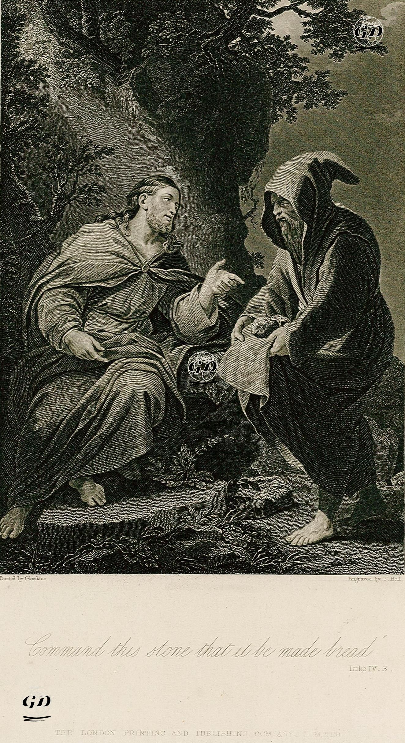 Şeytanın Hazreti İsa'dan Taşı Ekmek Yapmasını İstemesi, Luke (Luka), Chapter (Bölüm) 4. Verse (Ayet) 3. - Luca Giordano(1634-1705) - 1850's