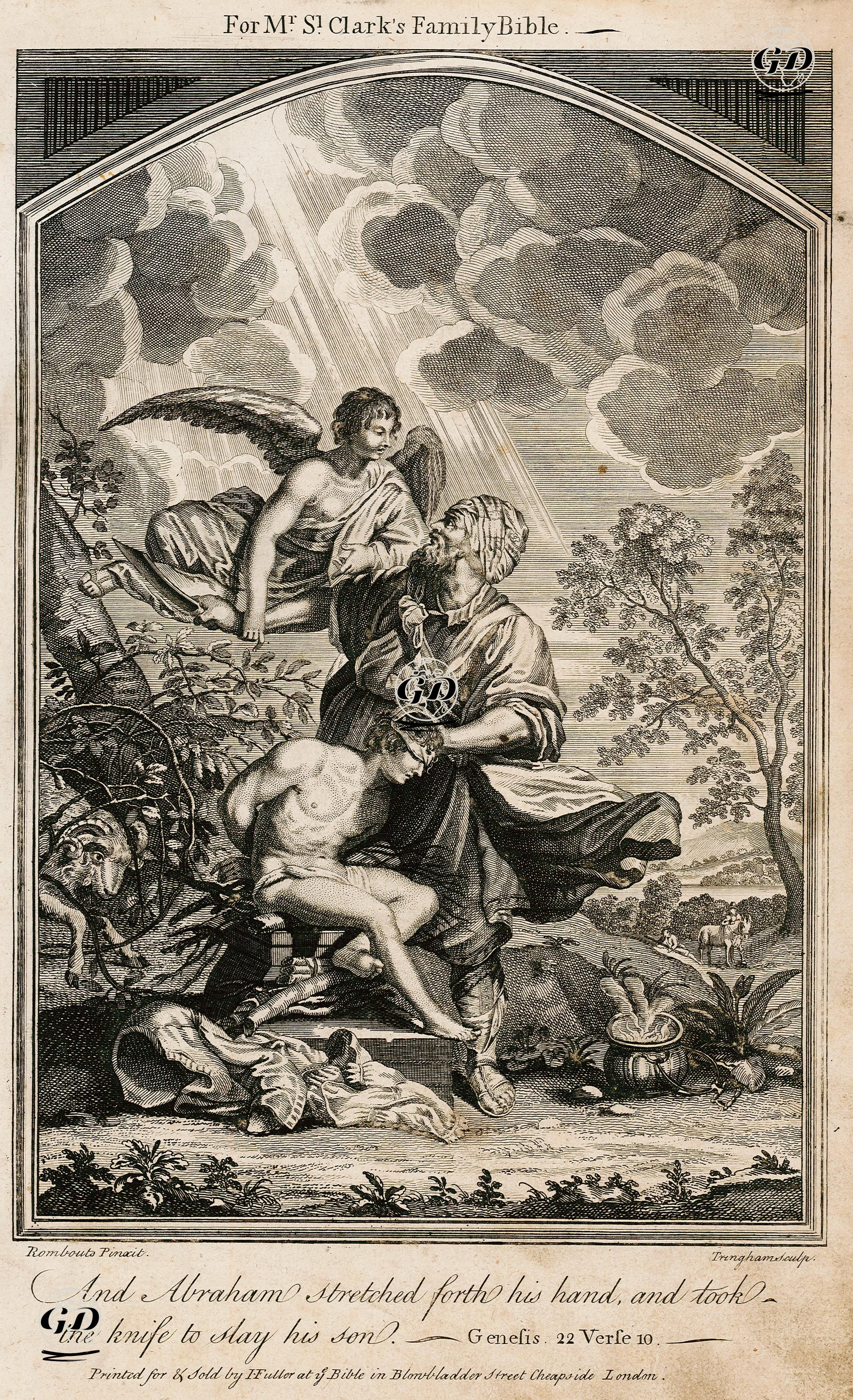 Hazreti İbrahim'in Hazreti İshak'ı Kurban Etmek İstemesi ve Meleğin Hazreti İbrahim'i Durdurması, Genesis (Diriliş), Chapter (Bölüm) XXII.  Verse (Ayet) 10. - Theodoor Rombouts (1597-1637) - 1750's