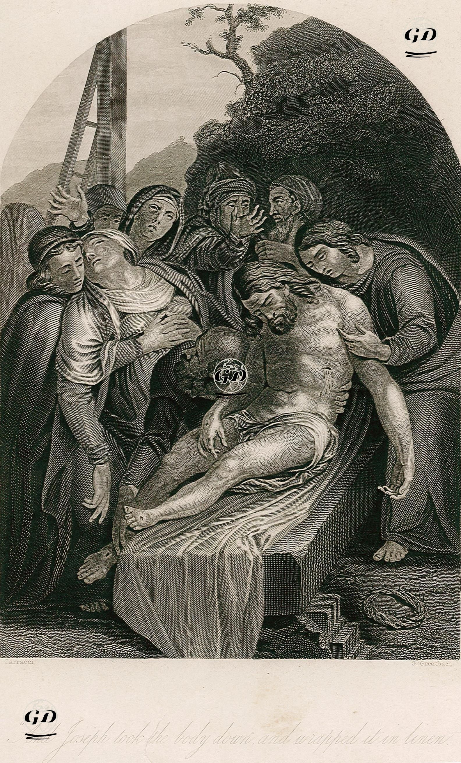 And Joseph Took The Body Down And Wrapped It In Linen, Luke XXIII.53 - Carracci - 1850's
