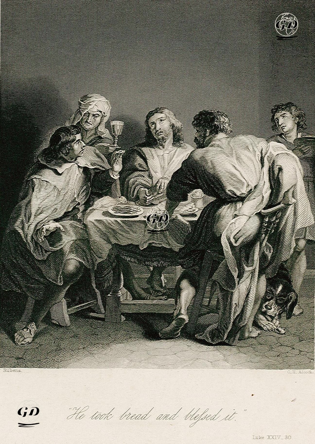 Hazreti İsa'nın Dirilişinden Sonra Müritleri İle İlk Yemeği, Luke (Luka), Chapter (Bölüm) 24. Verse (Ayet) 30. - Peter Paul Rubens(1577-1640) - 1840's