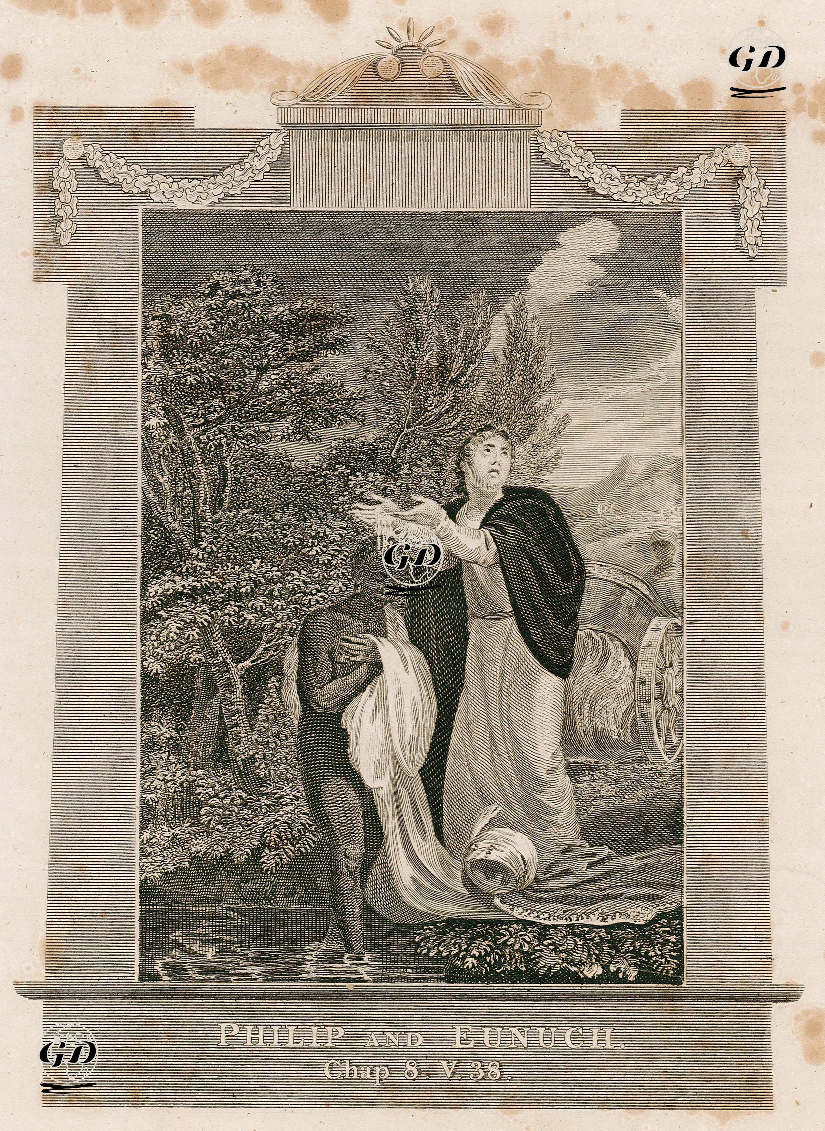 Filipus'un Hadımı Vaftiz Etmesi, Acts Of The Apostles (Elçilerin İşleri), Chapter (Bölüm) 8. Verse (Ayet) 38. -  - 1800's