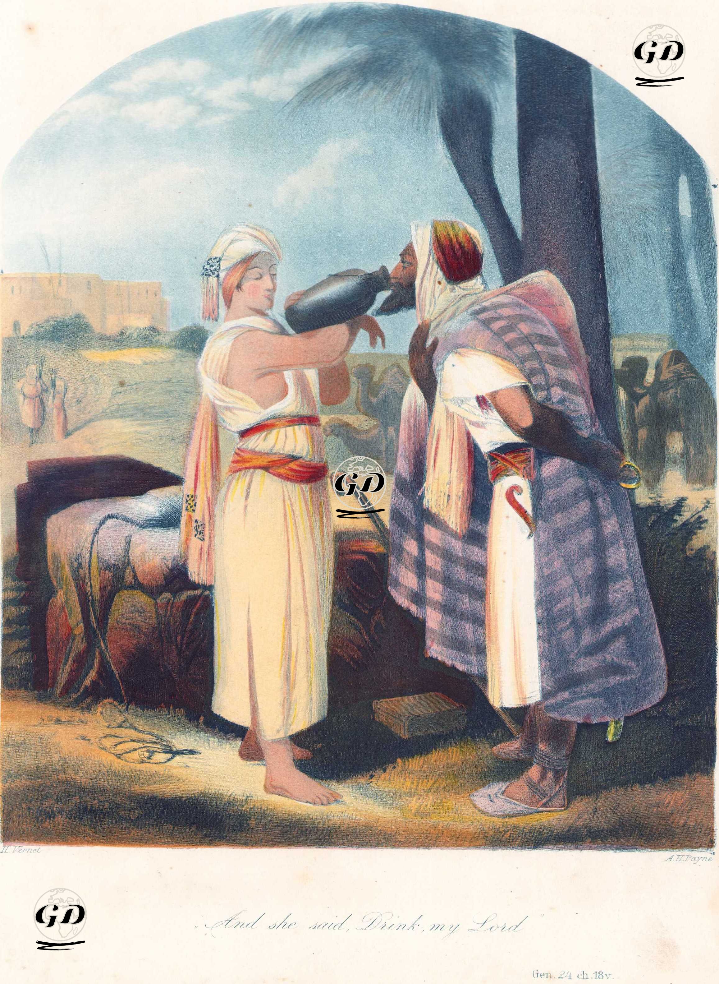 Hazreti İbrahim'in Hizmetçisi Eliezer İle Rebaka'nın Su Kuyusunda Karşılaşması, Genesis (Diriliş), Chapter (Bölüm) XXIV. Verse (Ayet) 18. - Horace Vernet (1789-1863) - 1840's