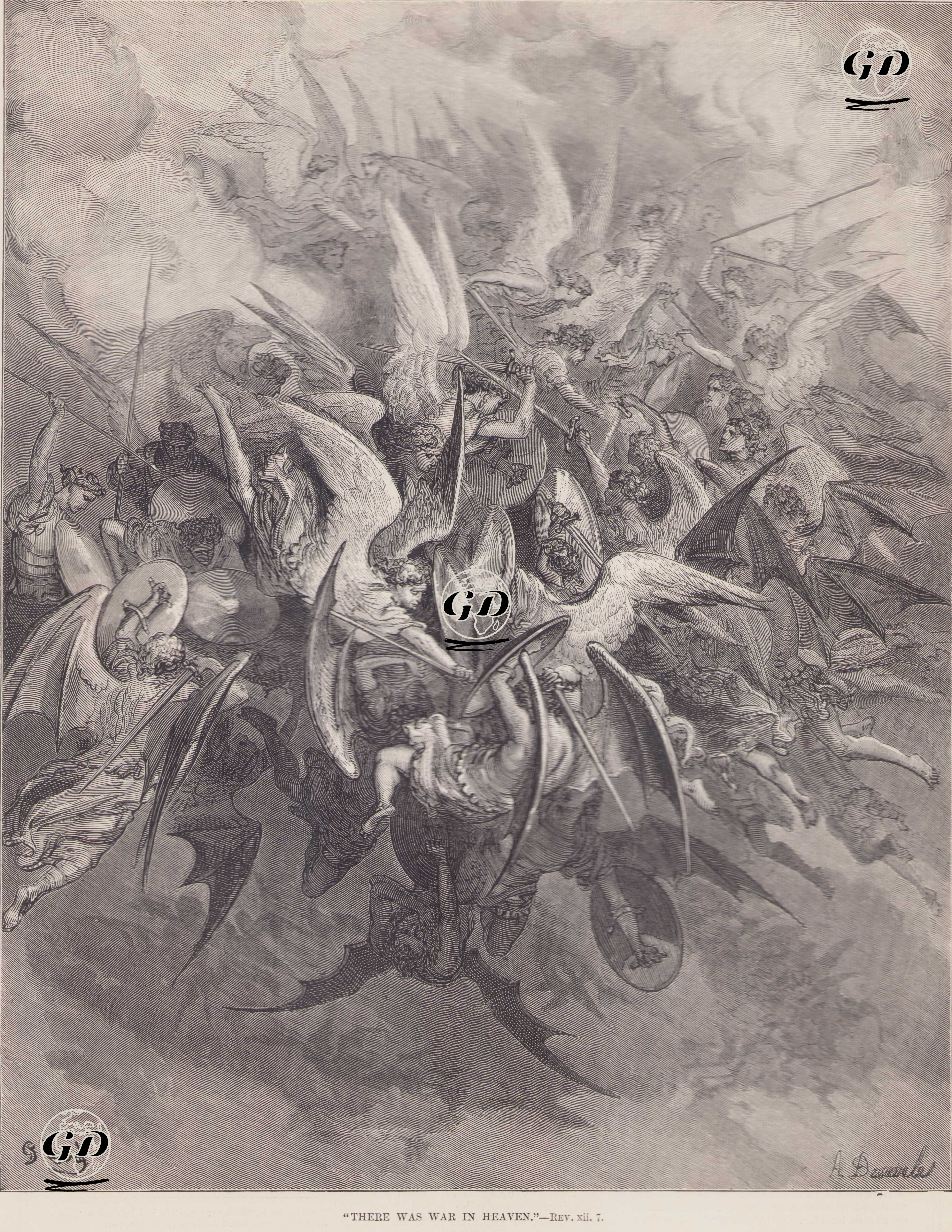 Baş Melek Mikail'in Melekleri İle Ejderhanın Meleklerini Cennetteki (Gökyüzündeki) Savaşı,  Revelation (Esinleme), Chapter (Bölüm) XII. Verse (Ayet) 7 - Gustave Dore (1832-1883) - 1867