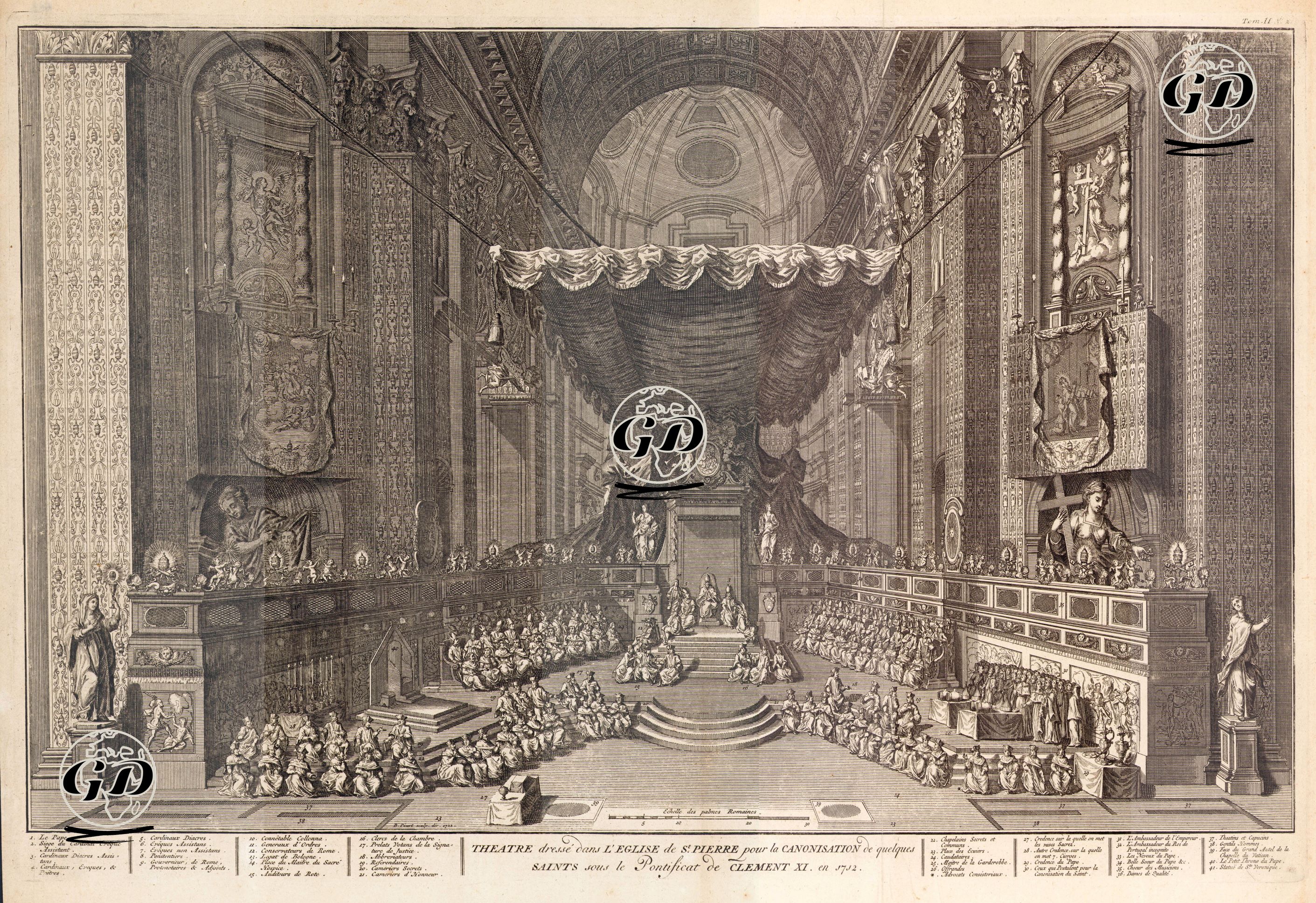 Vatikan'da Aziz Petrus (San Pietro) Bazilikasında Papa XI.Clement Huzurunda 1712 Yılında Gerçekleştirilen Ölmüş Kişilerin Aziz Mertebesine Yükseltilmesi 
Töreni - Bernard Picart (1673-1733) - 1722