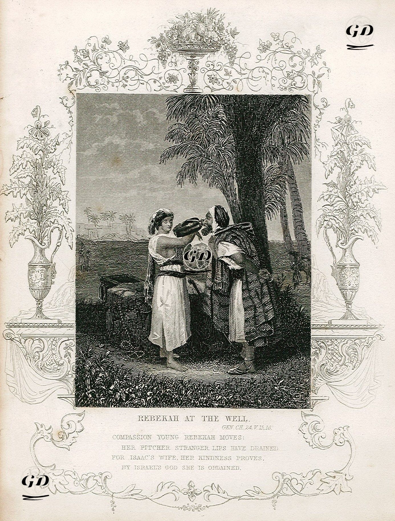 Hazreti İbrahim'in Hizmetçisi Eliezer İle Rebaka'nın Su Kuyusunda Karşılaşması, Genesis (Diriliş), Chapter (Bölüm)  24. Verse (Ayet) 15.16. -  - 1830's