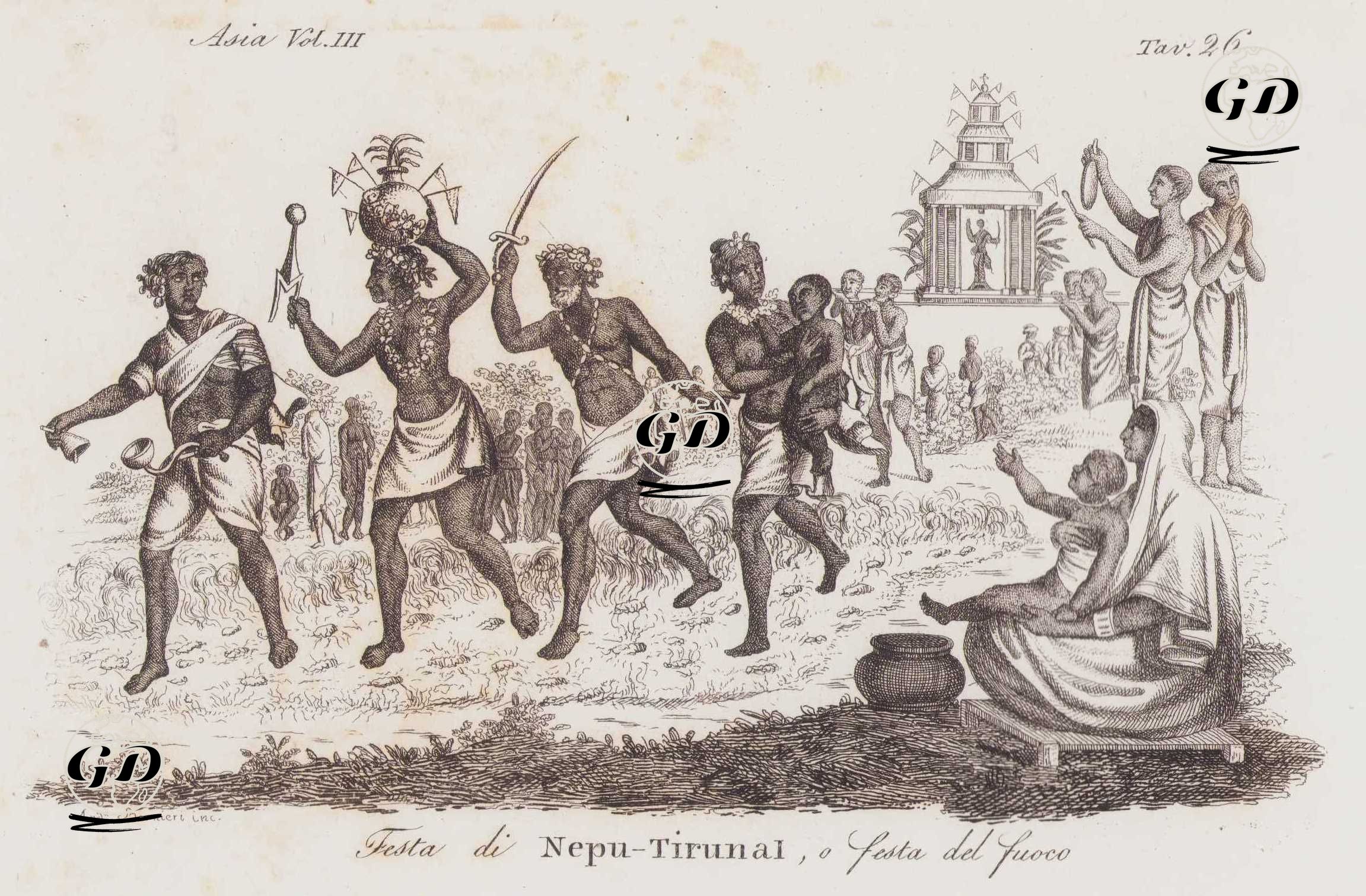 Festa Di Nepu-Tiru O Festa Del Fuoco, Asia Vol. III. Tav. 26. (Fire Walkers in Honor of Goddess Draupadi at Thimithi Festival in India) -  - 1820's-1840's