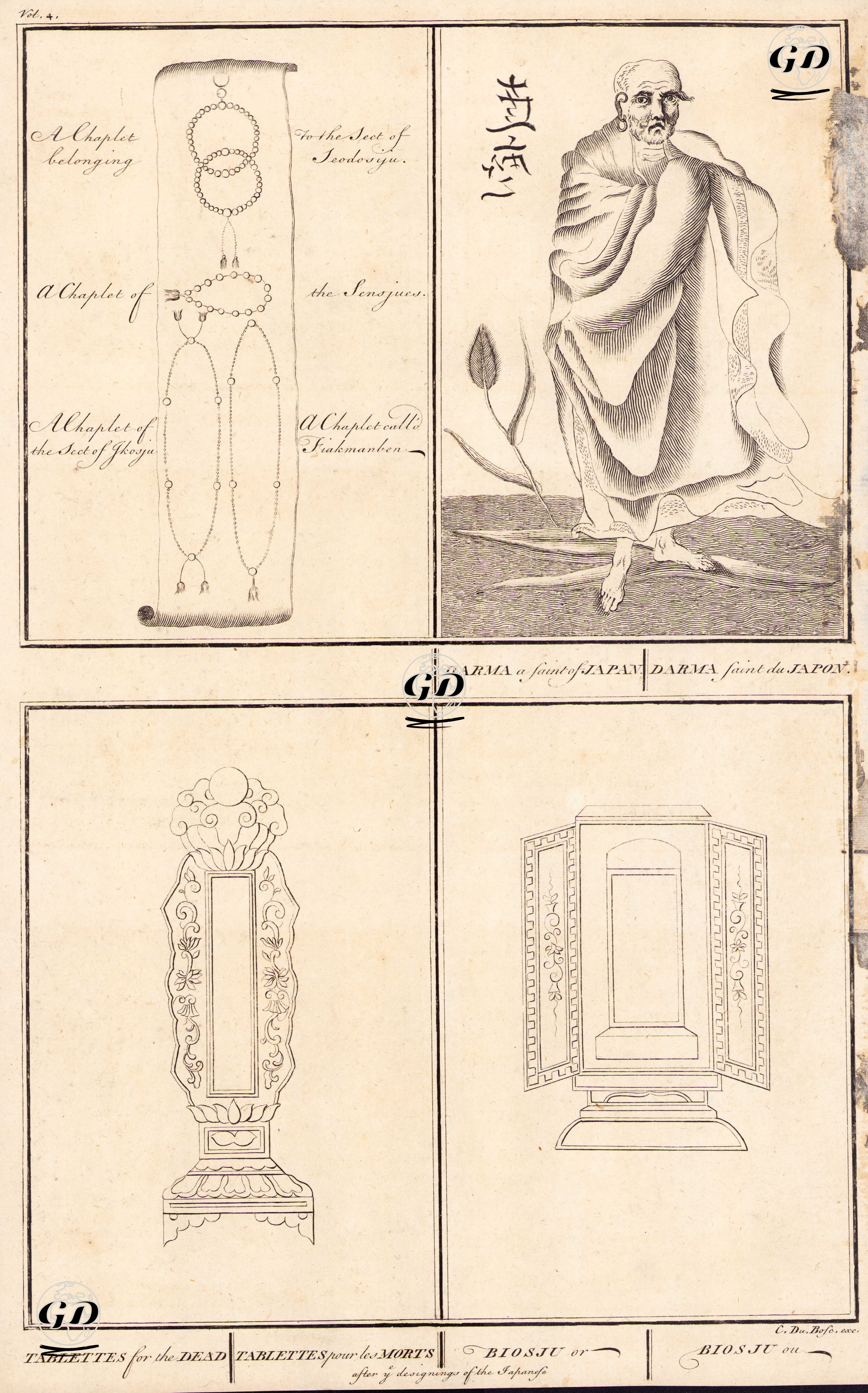 Chaplets (Rosary)-Darma a Saint Of Japan (Darma Saint Du Japan)-Tablettes For The Dead (Tablettes Pour Les Morts)-Biosju - Bernard Picart (1673-1733) - 1734