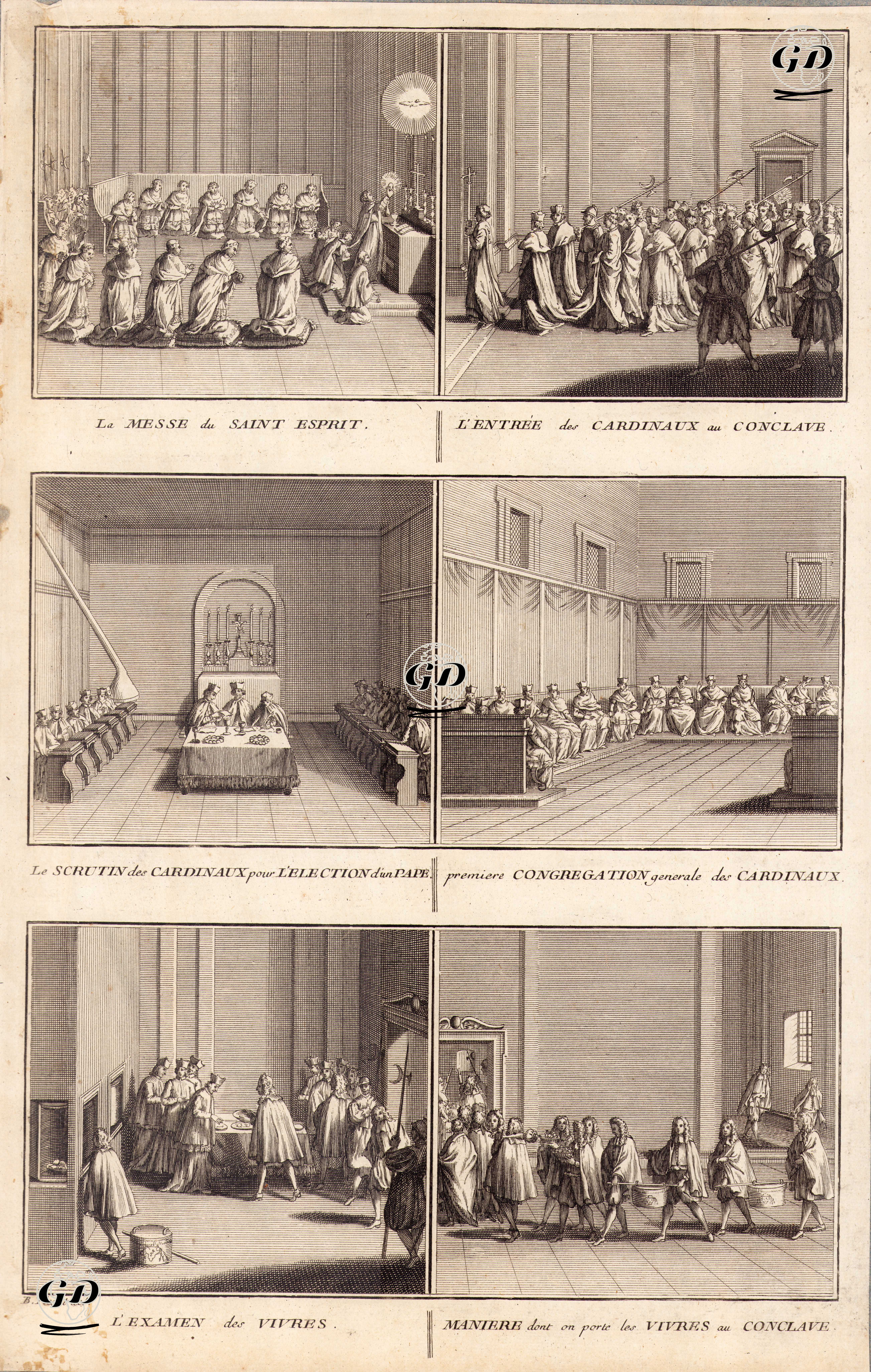 La Messe Du Saint Esprit-L'Entree Des Cardinaux Au Conclave-Le Scrutin Des Cardinaux Pou L'Election D'un Pape-Premiere Congretaion Generale Des  Cardinaux-L'Examen Des Vivres-Maniere Dont On Porte Les Vivres Au Conclave (Election Of The New Pope During  The Conclave in The Sistine Chapel-Mass Of The Holy Spirit-Entrance Of The Cardinals-Ballots Of The Cardinals For The Election Of The Pope-First Congregation Of The Cardinals-Food Review-Arrival Of Food During The Conclave - Bernard Picart (1673-1733) - 1724