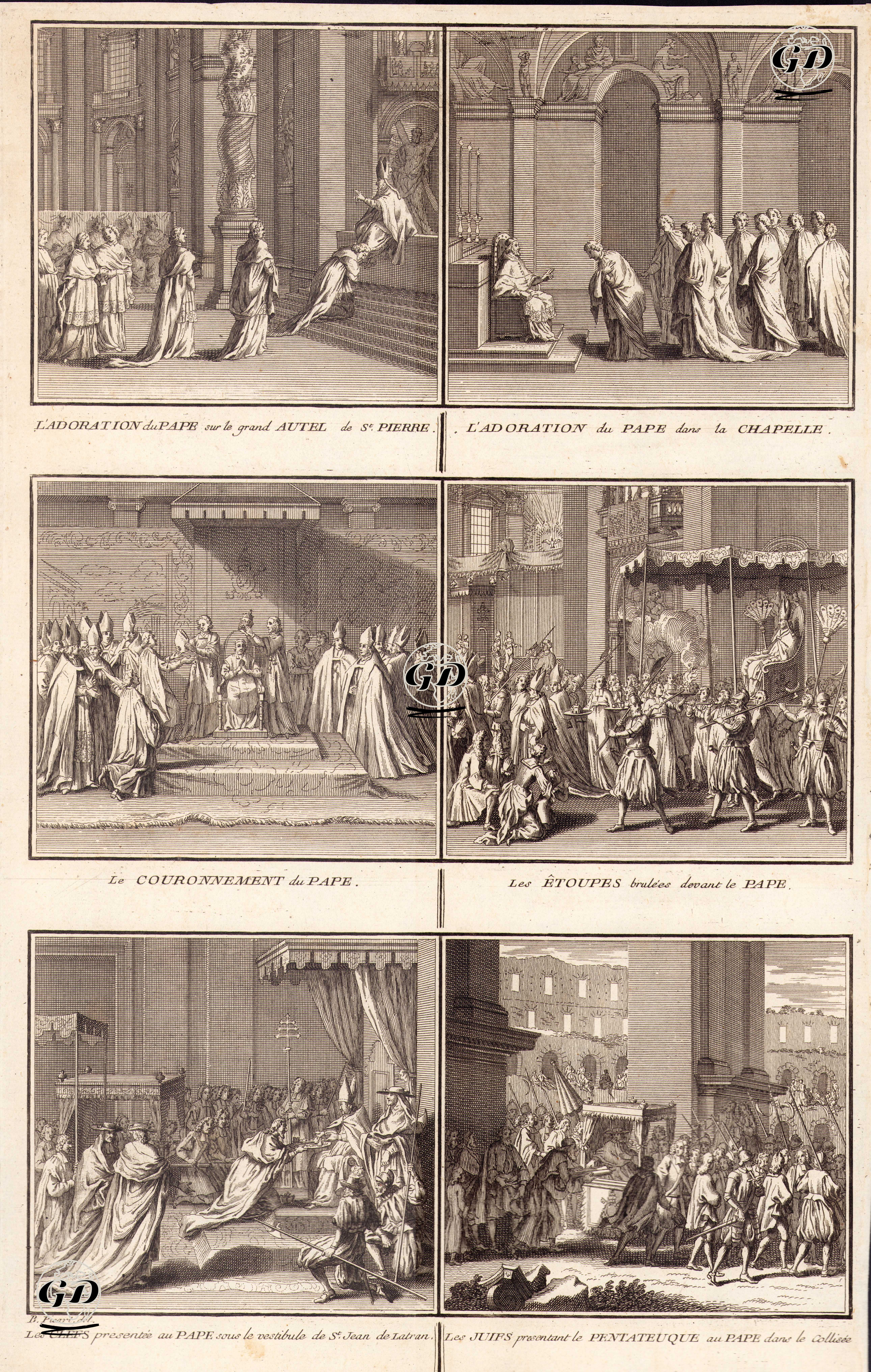 La Adoration Du Pape Sur Le Grand Autel De St. Pierre-La Adoration Du Pape Dans la Chapella-Le Couronnement Du Pape
-Les Etoupes Brulees Devant Le Pape-Les Clefs Presentee Au Pape Sous Le Vestibule De St.Jean De Latran-Les Juifs 
Presentant Le Pentateuque Au Pape Dans Le Collisee (Adoration Of The New Pope in The Great Altar Of St. Peter-The Cardinals Worship The New Pope-The Coronation Of The Pope-Round Wearing The New Pope-Offering Peter's Keys to The Pope in St. John Lateranen-Jews Have The Torah To The Pope in The Coliseum) - Bernard Picart (1673-1733) - 1724