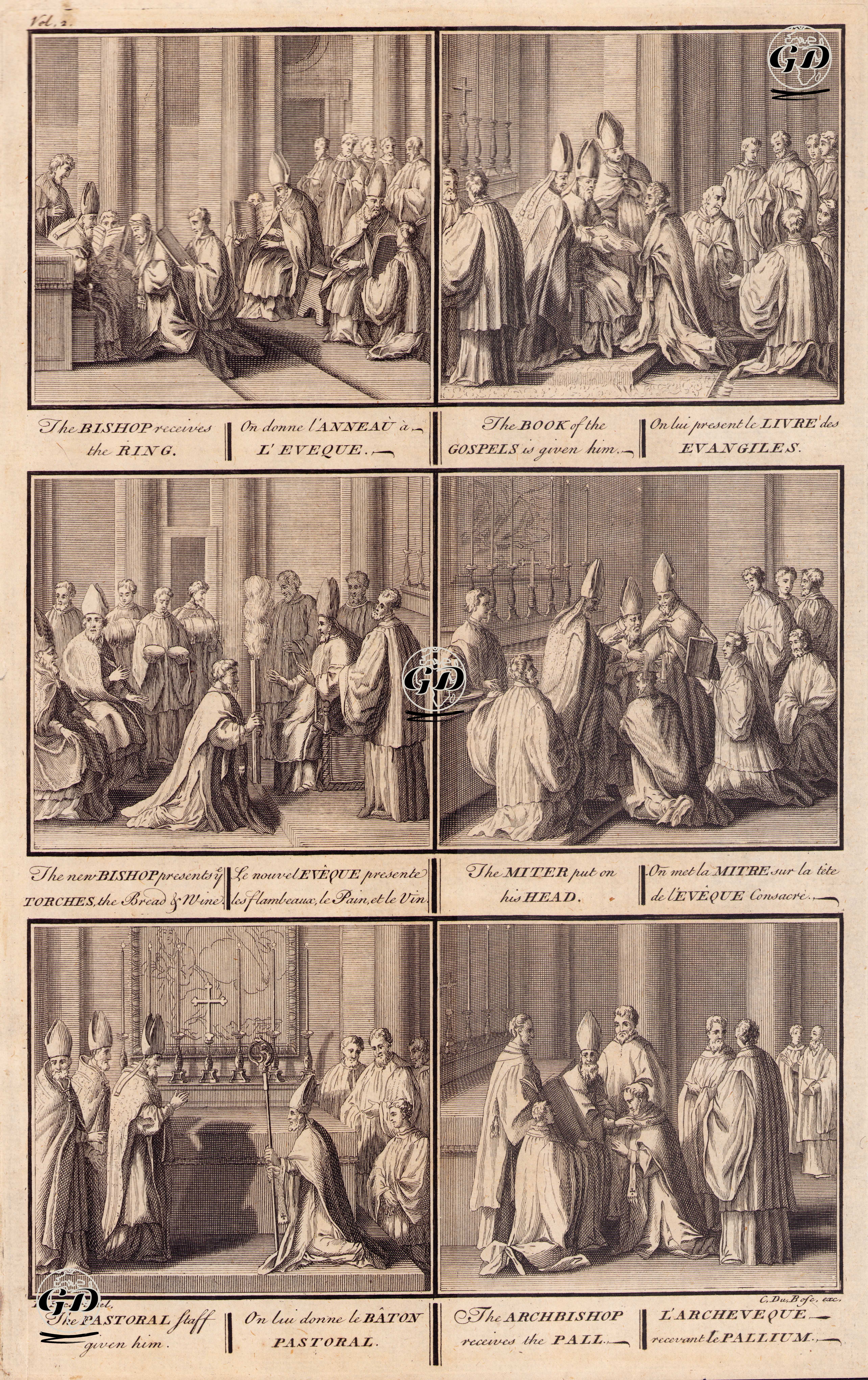 The Bishop Receives The Ring-The Book Of The Gospels is Given Him-The New Bishop Presents Torches, The Bread & Wine-The Miter Put On His Head-The Pastoral Staff Given Him-The Archbishop Receives The Pall - Bernard Picart (1673-1733) - 1723-1739