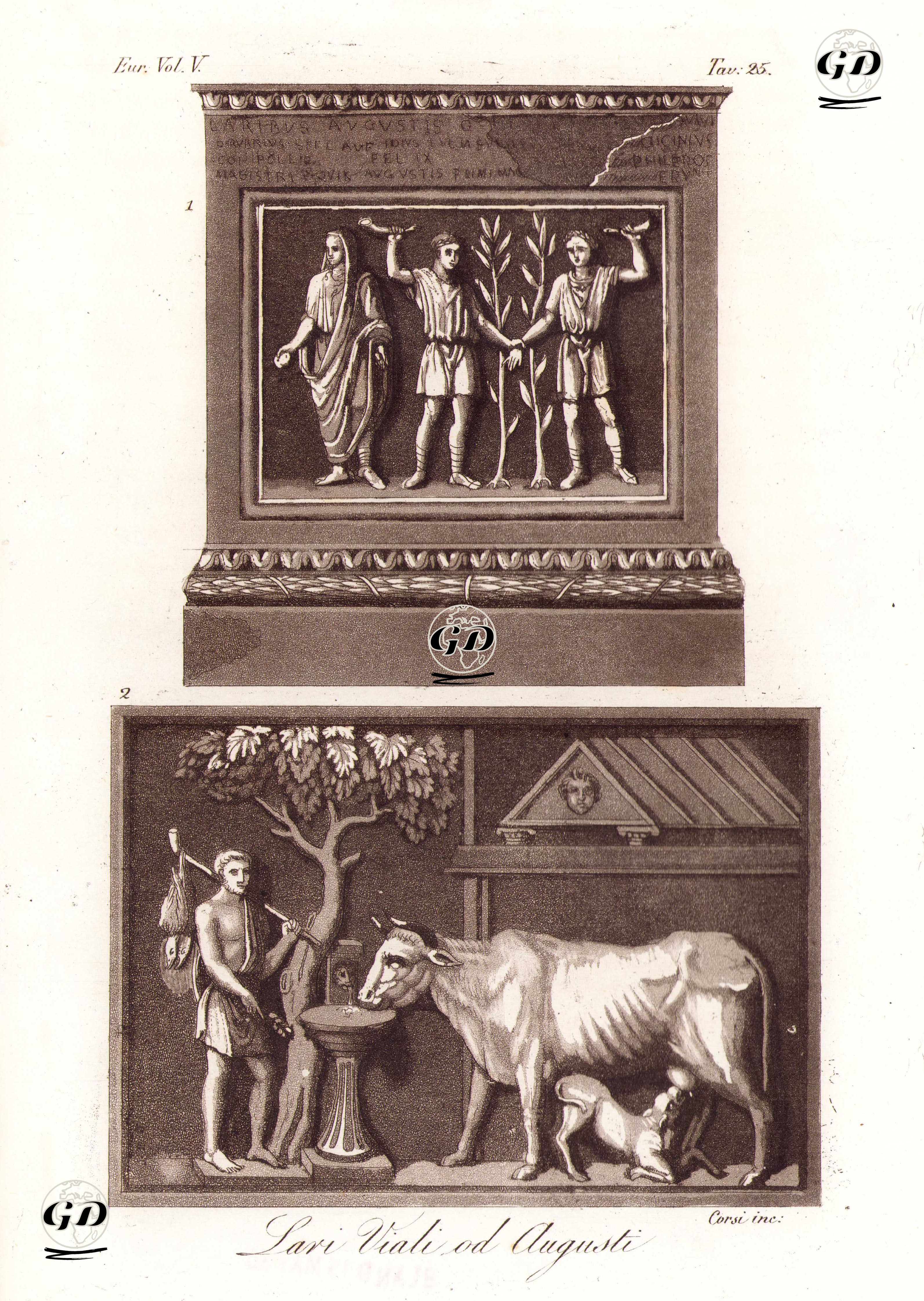 Lari Viali Od Augusti, Eur. Vol V. Tav.25. (Roman Household Gods) -  - 1820's-1840's