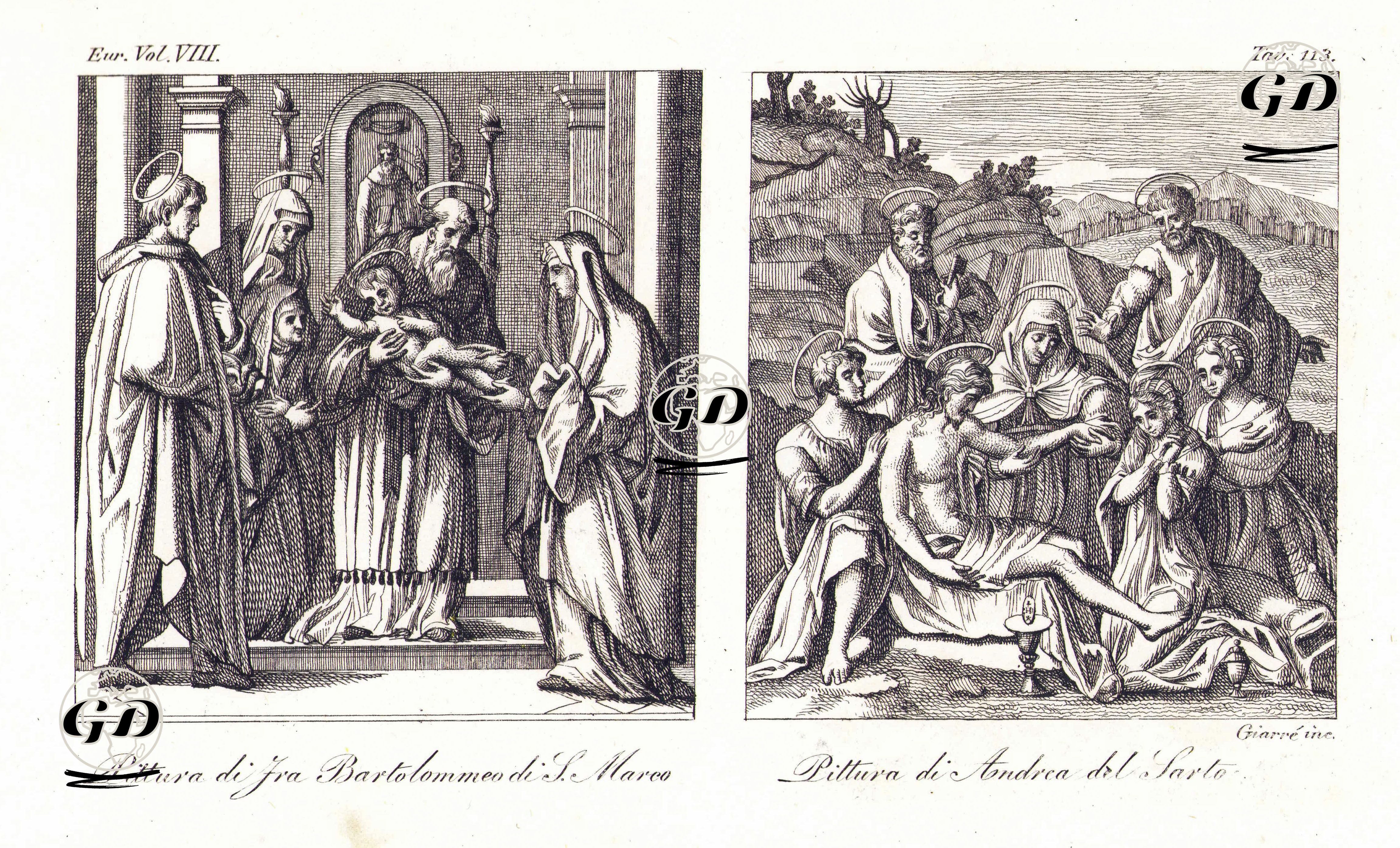 Venedik'deki San Marco Bazilikasında Bulunan ve Fra Bartolomeo'nun Yaptığı Bebek Hazreti İsanın Tapınakta Kutsanması Resmi-Andrea Del Sarto Yaptığı Hazreti İsanın Defnedilme Resmi, Avrupa. Cilt VIII. Resim 113. -  - 1820's-1840's