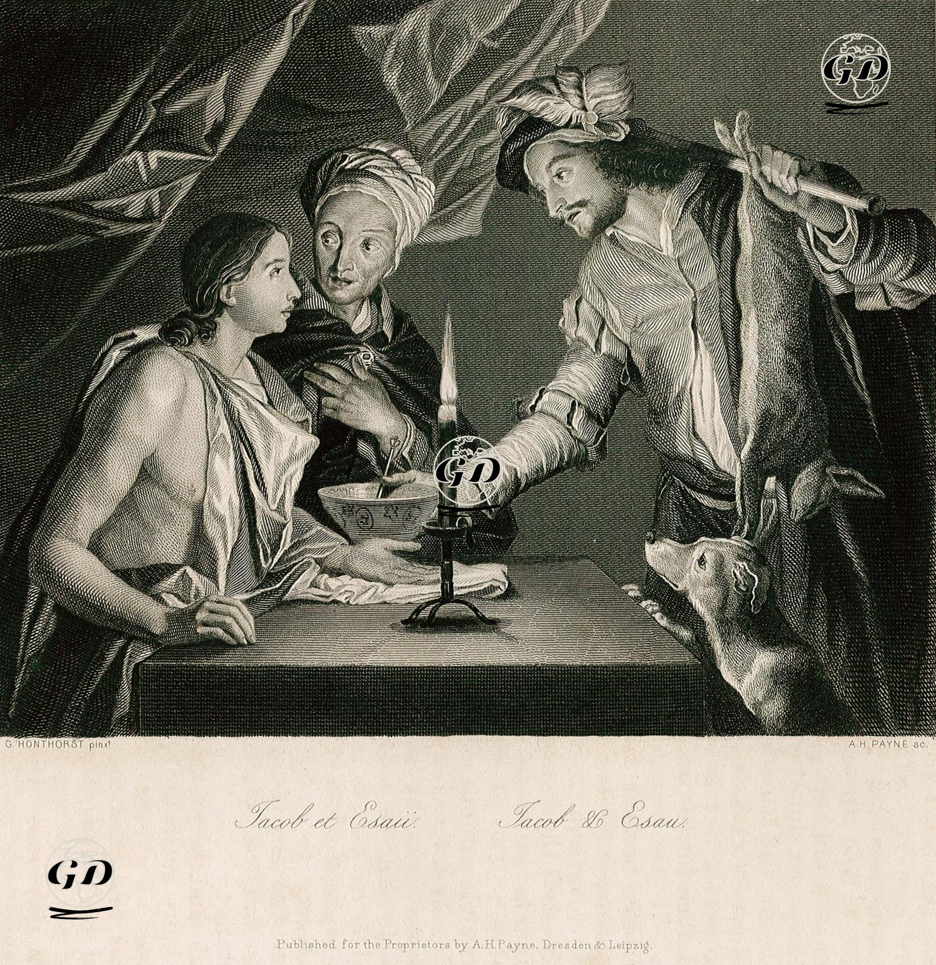 Esav'ın Bir Tas Çorba Karşılığı, İlk Oğulluk Hakkını Kardeşi Hazreti Yakup'a Vermesi, Genesis (Diriliş), Chapter (Bölüm) 25. Verse (Ayet) 29.-34. - Gerrit Van Honthorst(1592-1656) - 1850's