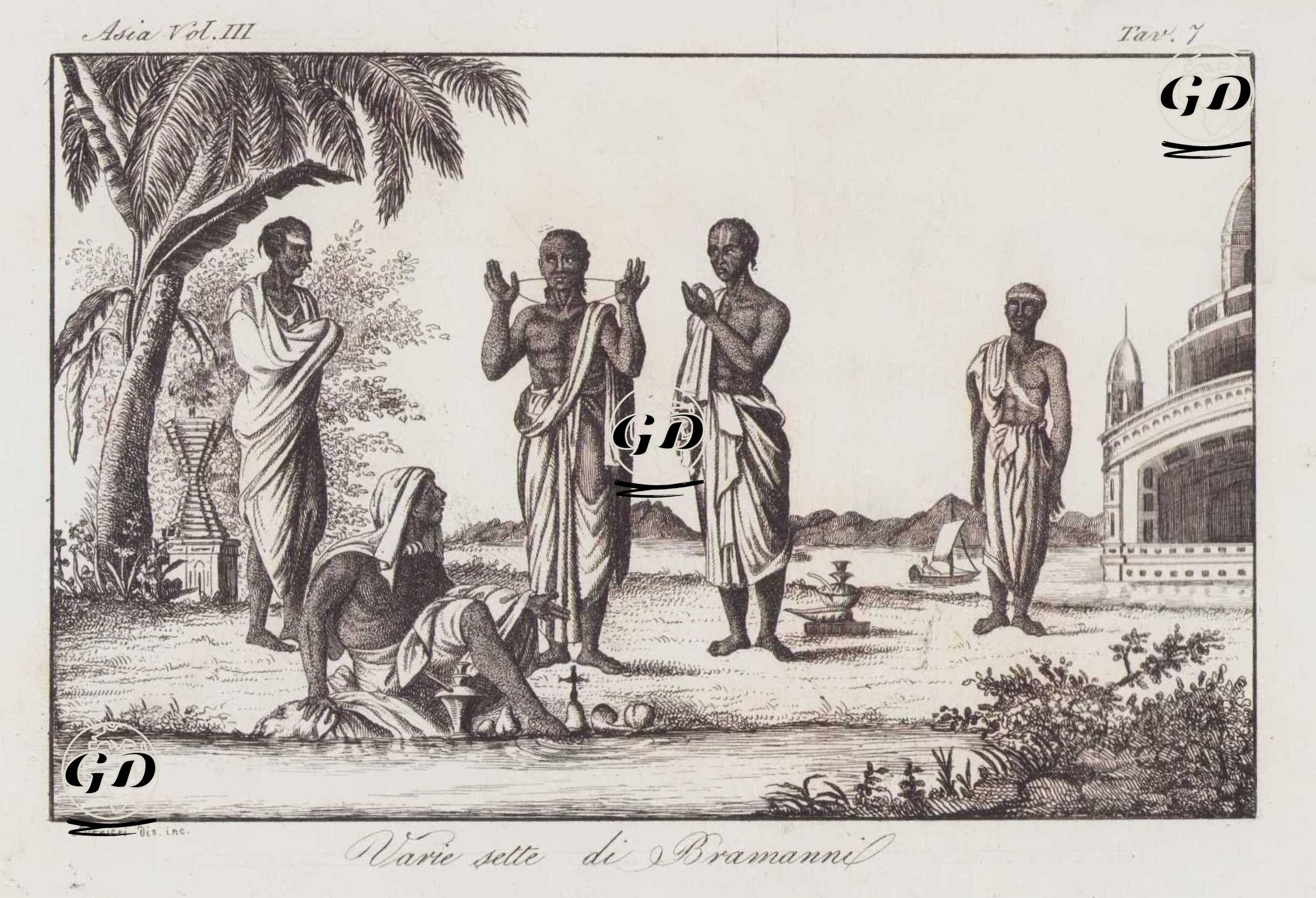 Varie Sette di Bramanni, Asia Vol. III Tav.7 (Hindu or Brahmin Priests With Their Religious Paraphernalia at a River Bank) -  - 1820's-1840's