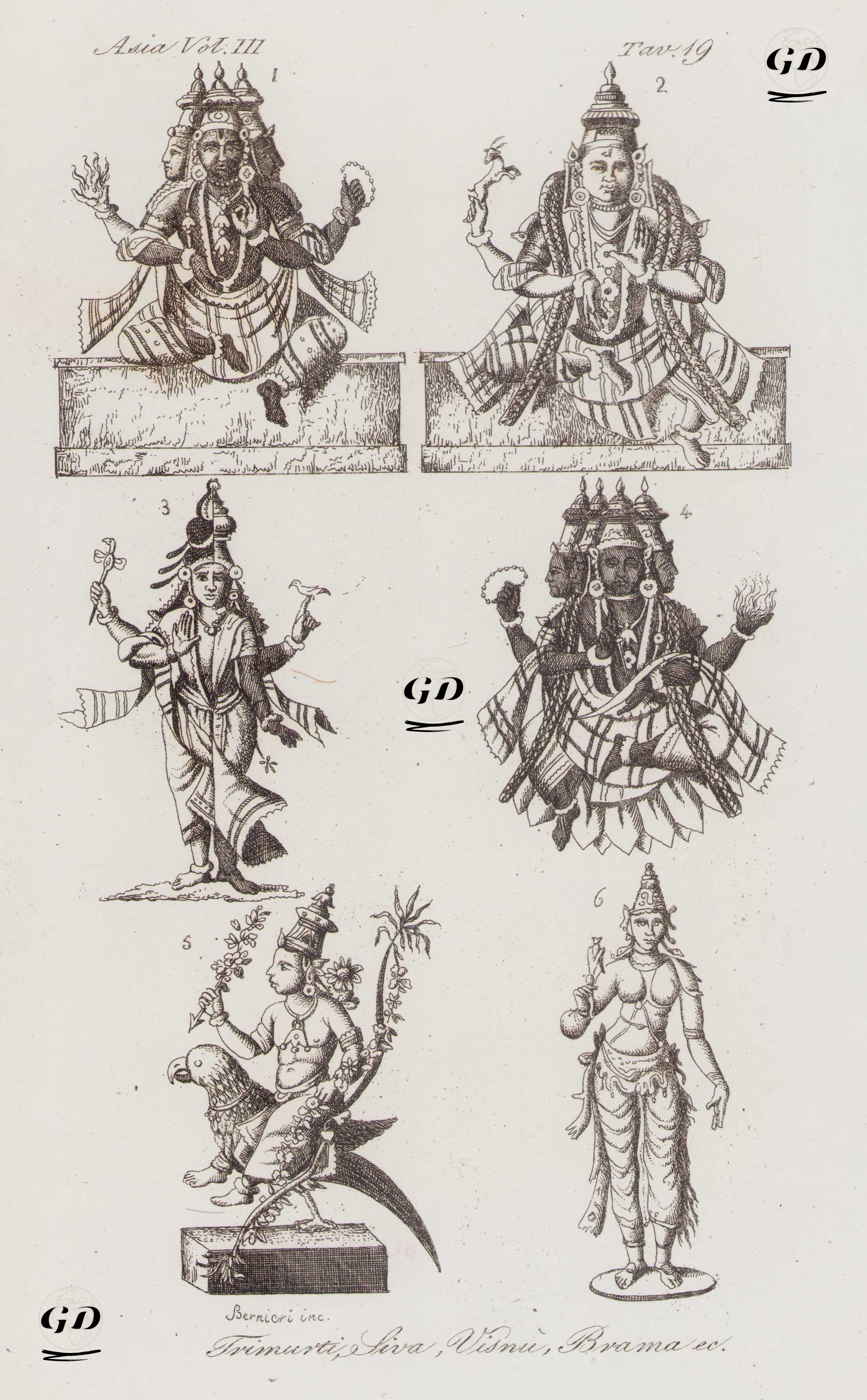 Trimurti, Siva, Visnu, Brama ec., Asia Vol. III Tav.19 (Hindu Gods including Trimurti, Shiva, Vishnu, Brahma and Kamadeva) -  - 1820's-1840's