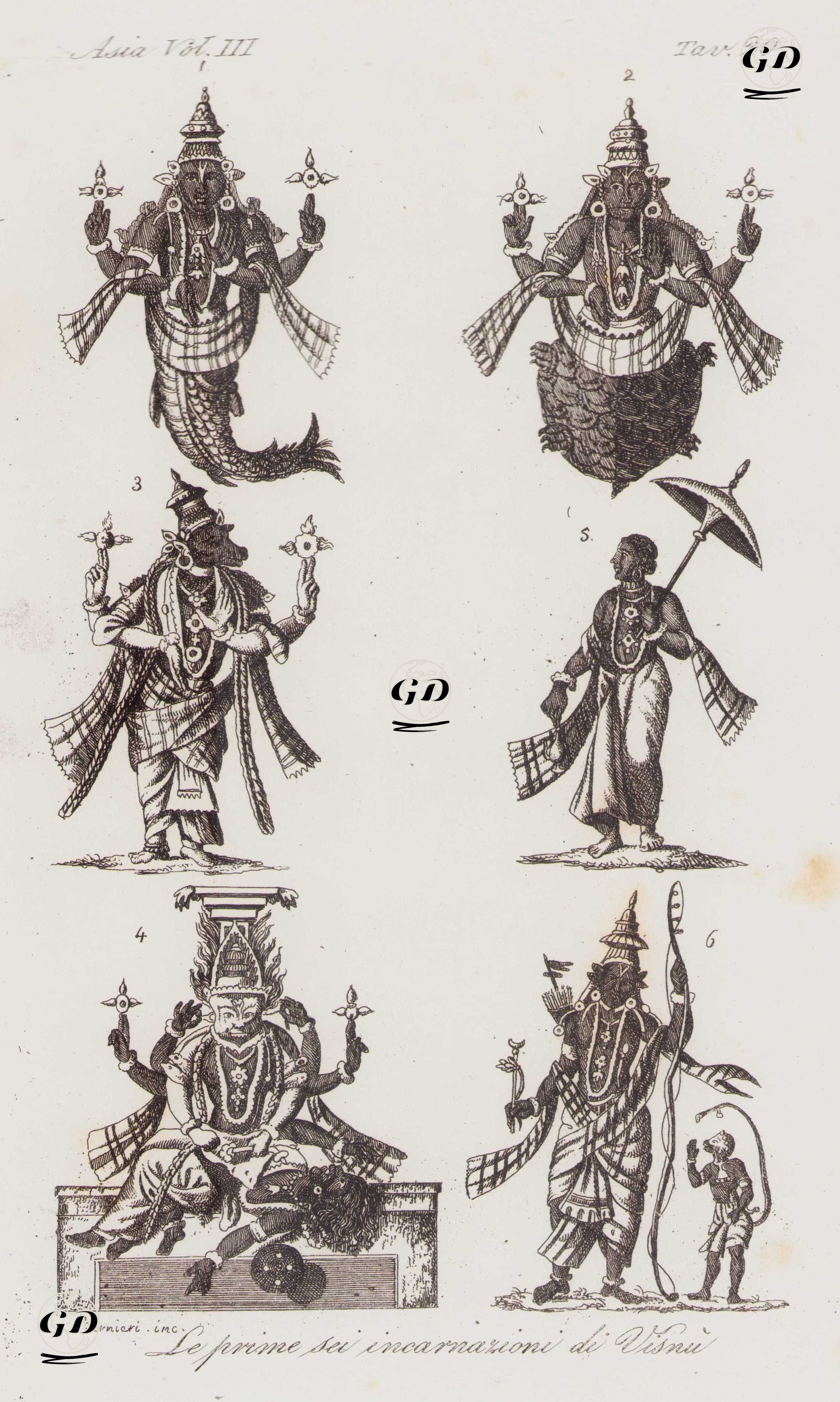 Evrenin Koruyucusu Hindu Tanrısı Vishnu'nun İlk Altı Enkarnasyonu, Asya Cilt III Resim 20.  -  - 1820's-1840's