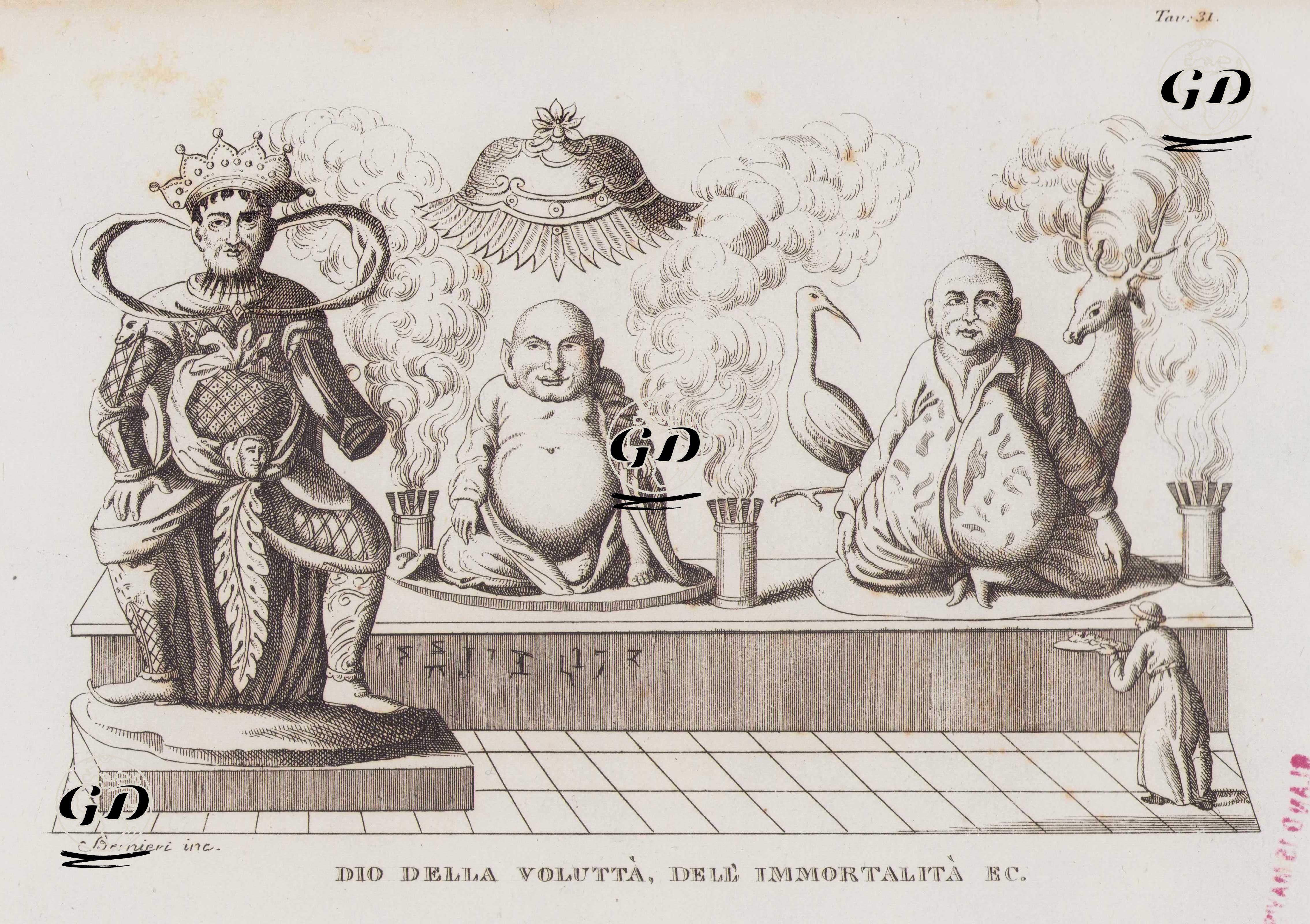 Dio Vella Volutta, Dell Immortalita Ec., Tav.31 (Statues of Chinese Deities: Kin-gan or Chin-hoan (God of Guardianship), Ni-ni-fo or Fo-tek (God of Voluptuousness) and God of Immortality With Deer and Crane) -  - 1820's-1840's
