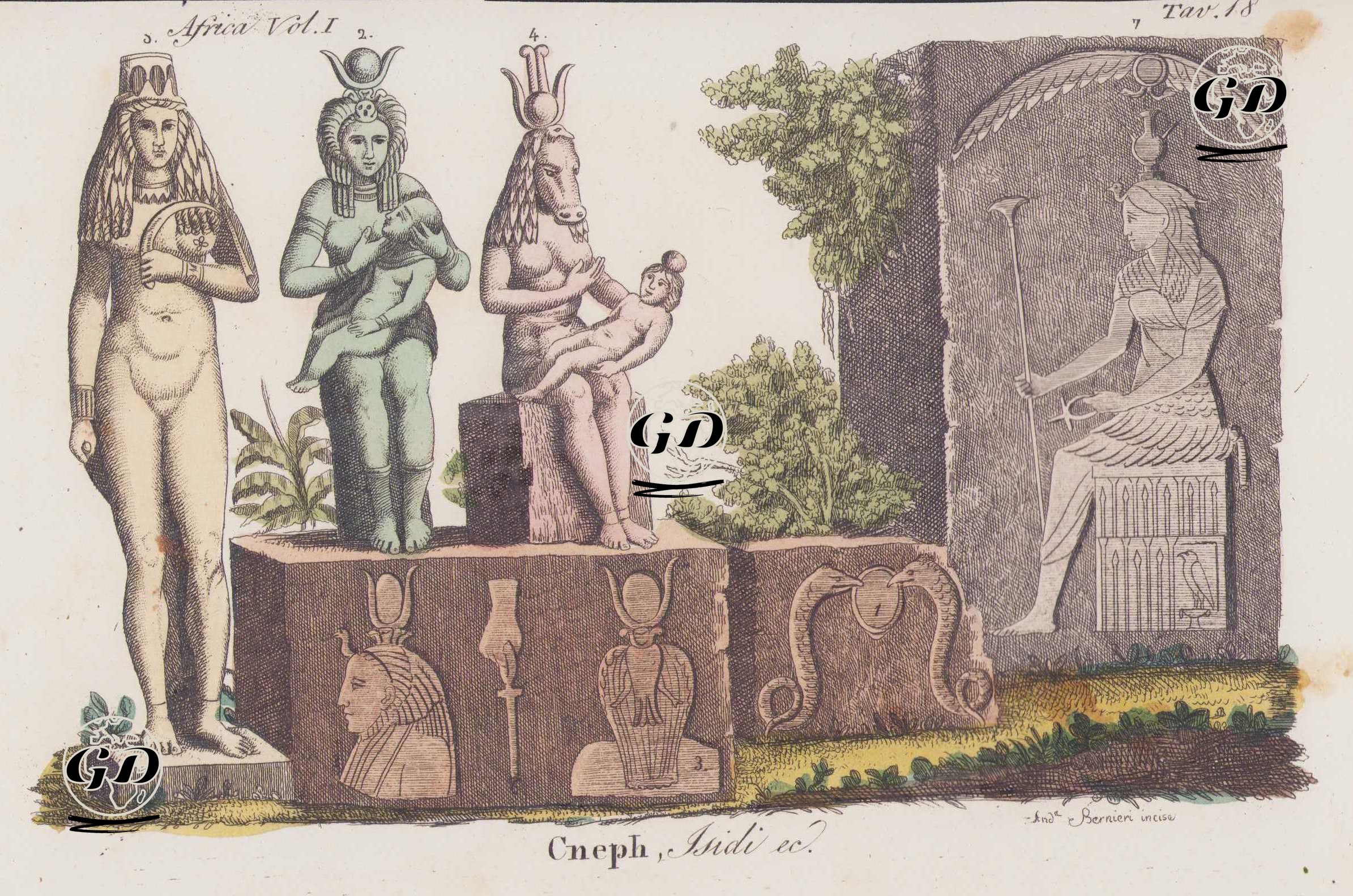 Cneph Isidi Ec., Africa Vol. I Tav.18 (Statues of the Egyptian Goddess Isis in Different Forms, Isis and Her Son Horus, Isis with a Cow's Head...) -  - 1820's-1840's