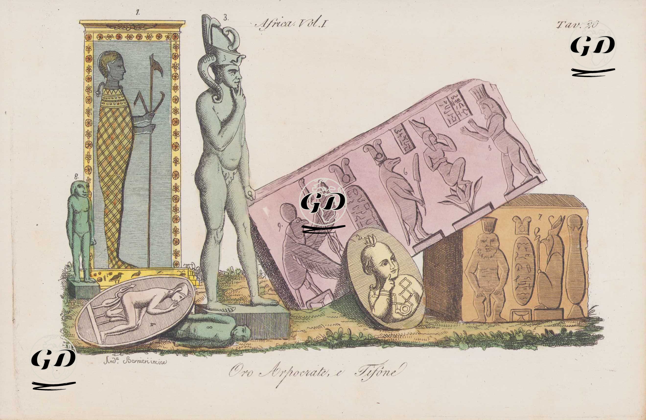 Oro Arpocrate, e Tifone, Africa Vol. I Tav.20 (Statues of the Egyptian God Horus, Harpocrates 1-4, Typhon or Set 5-8, and Vulture God Nekhbet 9.) -  - 1820's-1840's