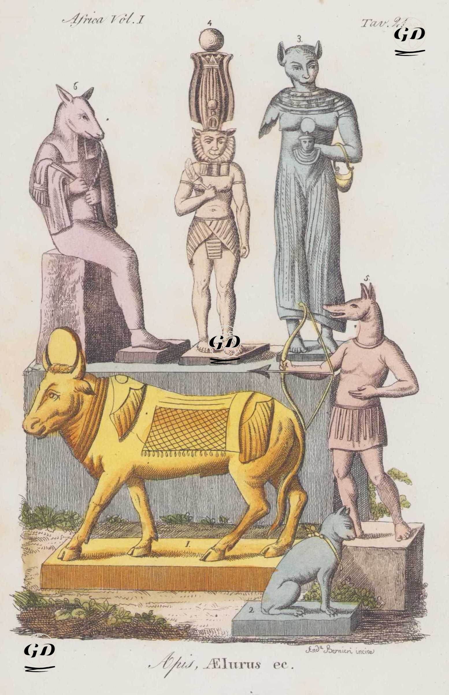 Apis Aelurus Ec., Africa Vol. I Tav.21 (Statues Of Egyptian Gods: Bull God Apis 1, Cat God Ailuros 2,4, and Jackal God Anubis 3,5,6.) -  - 1820's-1840's