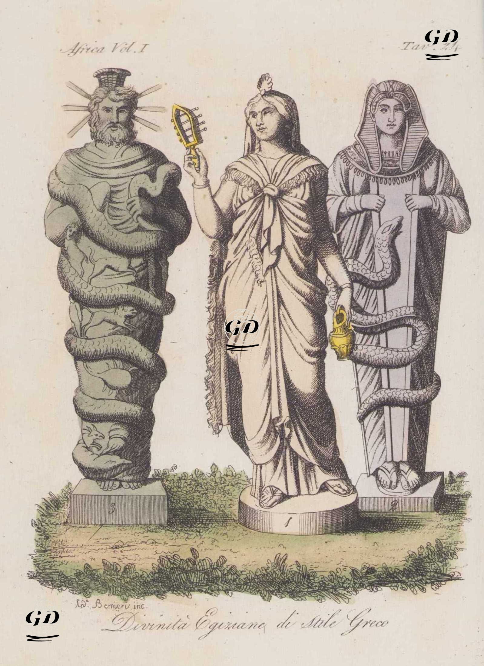 Yunan Tarzı Mısır Tanrılarının Heykelleri, Yunan Tapınaklarında Bulunan İsis 1, Yılanlı İsis 2 ve Yılanlı Serapis 3. Afrika Cilt I Resim 24.  -  - 1820's-1840's