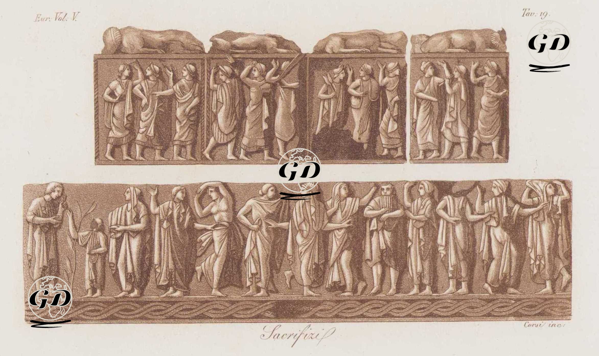 Sacrifizi, Eur. Vol V. Tav.19. (The Sacrifice Ceremony of the Ertuks with Sacrificial Animals, Male and Female Priests, Dancers, and Musicians Depicted on Reliefs on an Altar) -  - 1820's-1840's