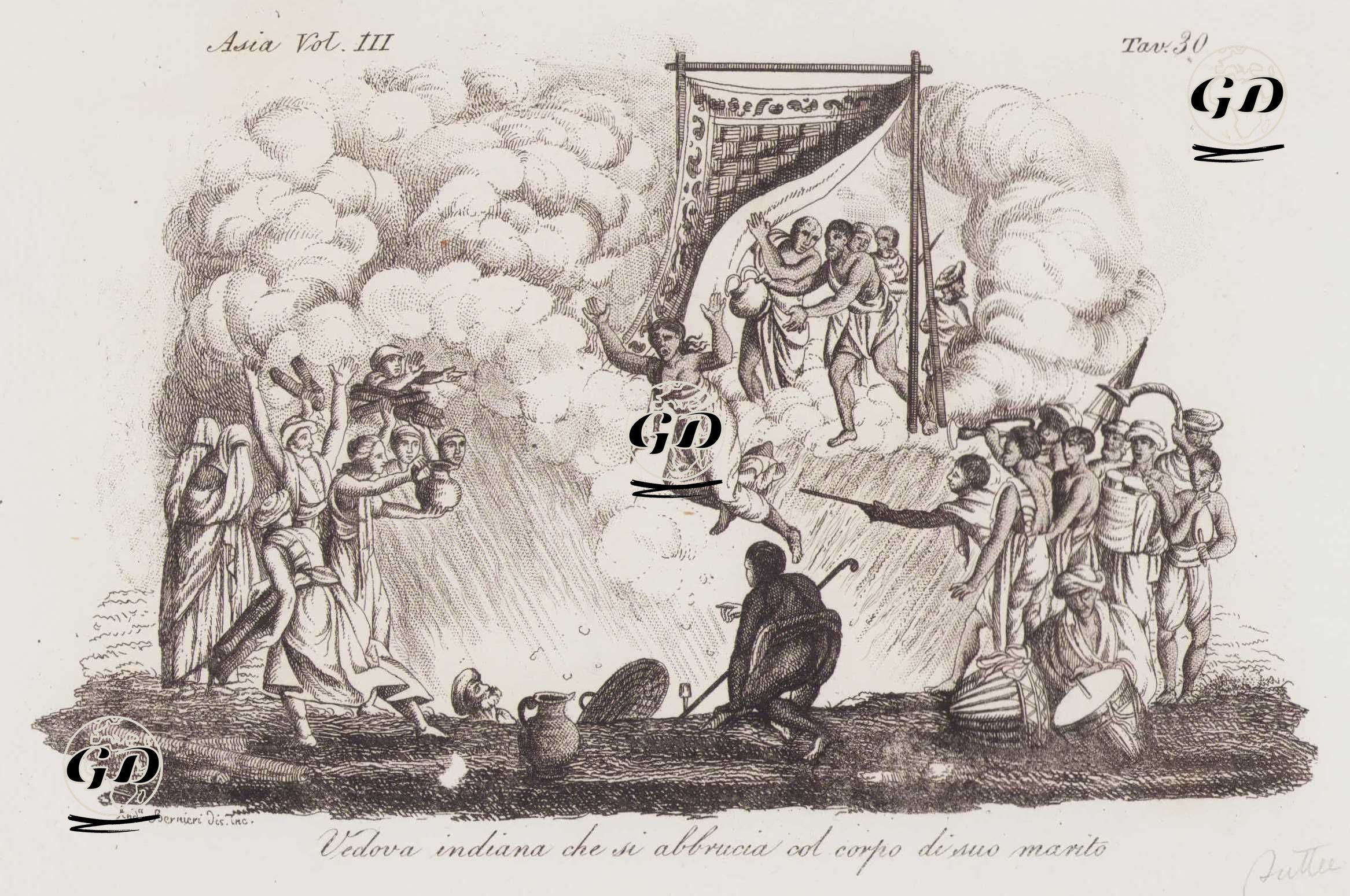 Vedova Indiana Che Si Abbrucia Col Corpo Di Suo Marito, Asia Vol. III Tav.30. (Indian Widow Burning Herself by Jumping (Or Throwing) into Her Dead Husband's Funeral (Sati or Suttee)) -  - 1820's-1840's