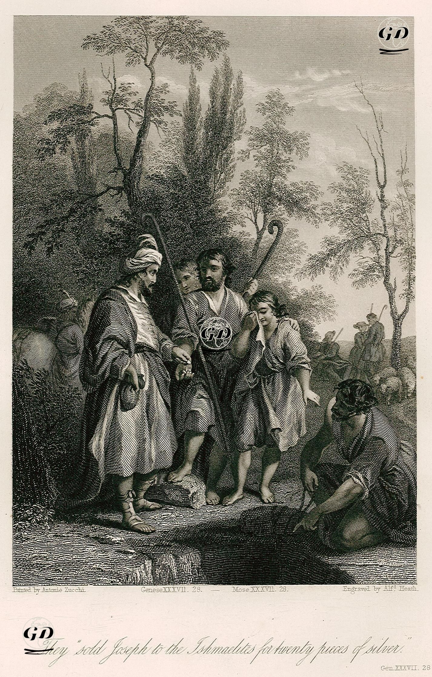 Kardeşlerinin Hazreti Yusuf'u Yirmi Gümüşe Midyanlı (ismaililer) Tüccarlara Satmaları, Genesis (Diriliş), Chapter (Bölüm) 37. Verse (Ayet) 28. - Antonio Pietro Francesco Zucchi (1726-1795) - 1860