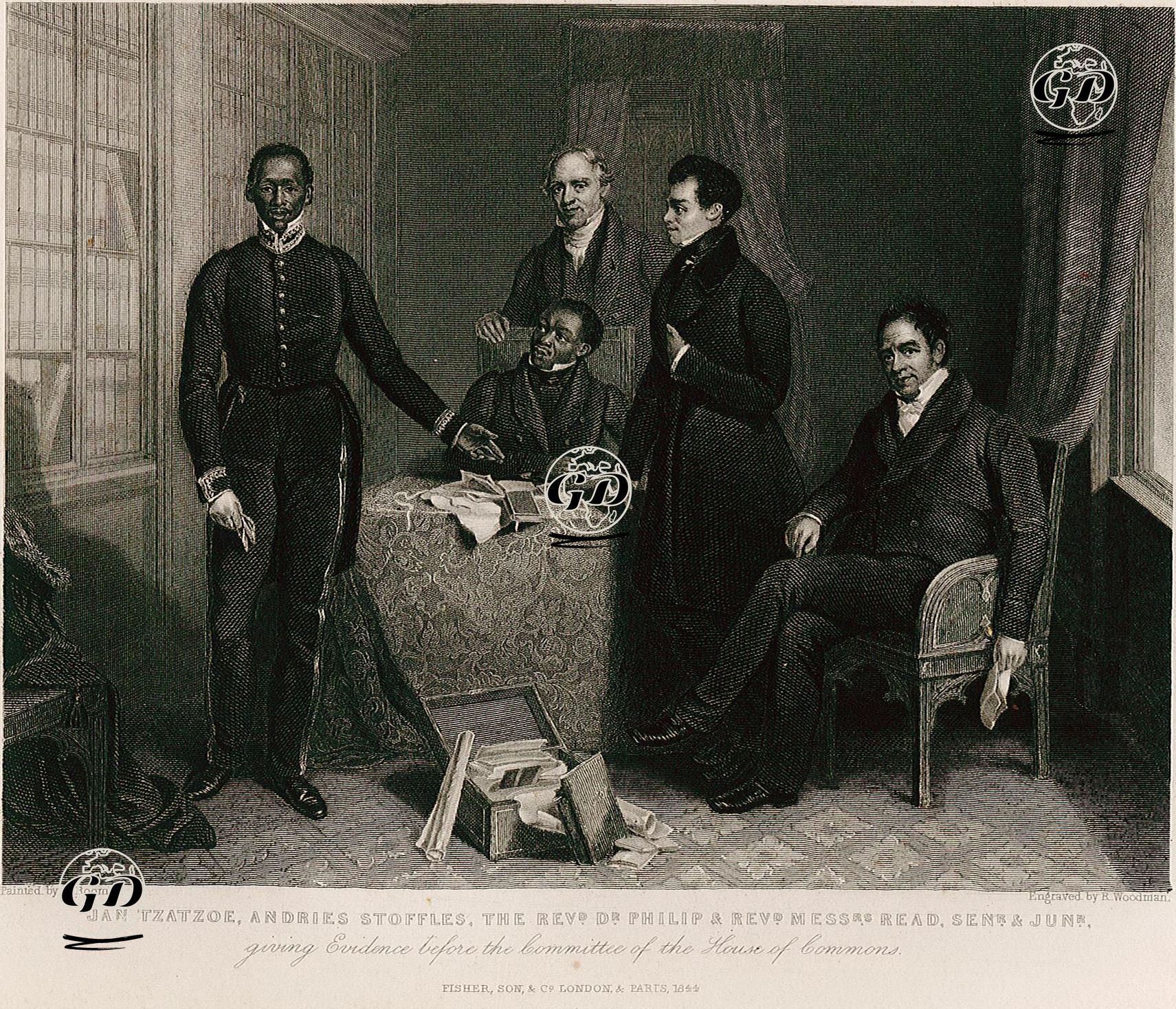 Xhosa Kabilesi Lideri Jan Tzatzoe, Misyonerler John Philip ile James Read ve İki Hristiyan Aborjinlerin Arazileri İle ilgili Belgeleri İngiliz Avam Kamarası Komitesine Vermeleri - Henry Room (1802-1850) - 1844