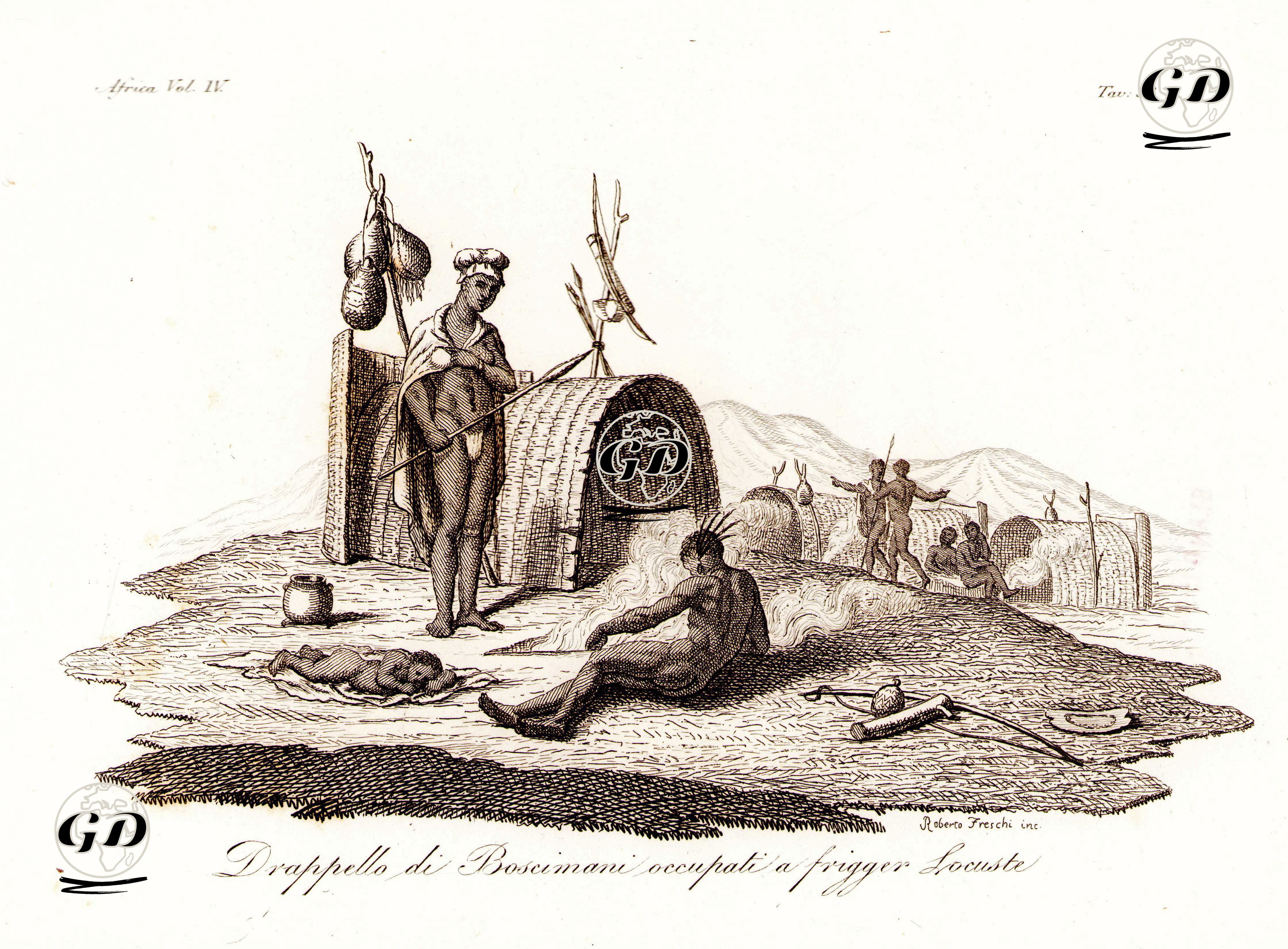Topladıkları Çekirgeleri Pişiren San Kabilesi Üyeleri (Bushman), Afrika Cilt IV. Resim 53. -  - 1820's-1840's