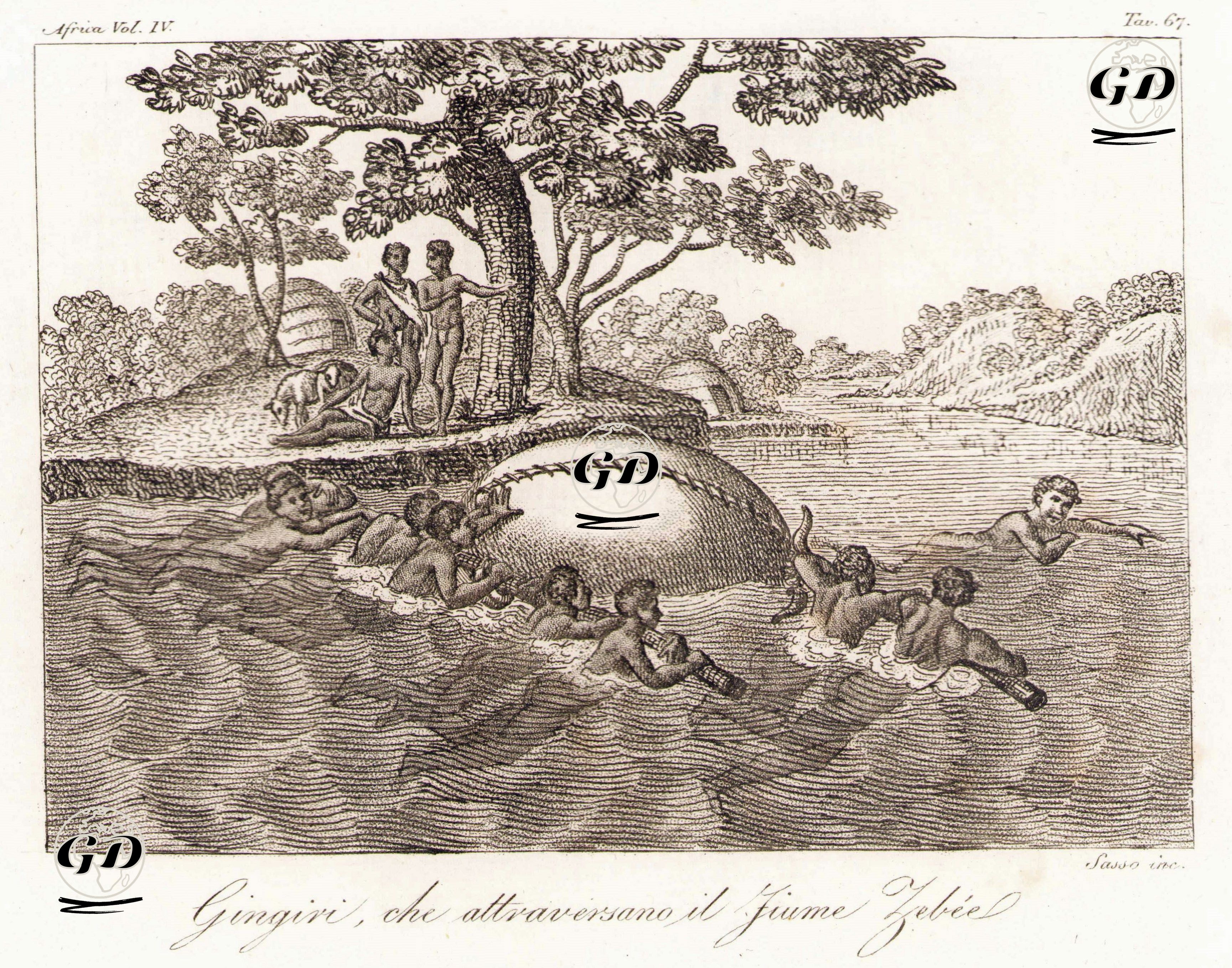 Gingiri, Che Attraversano il Fiume Zebee, Africa Vol.IV. Tav.67. (Men Of The Kingdom Of Gingiro Crossing The Gibe River (Zebee River) in Ethiopia With An inflated Cowskin) -  - 1820's-1840's
