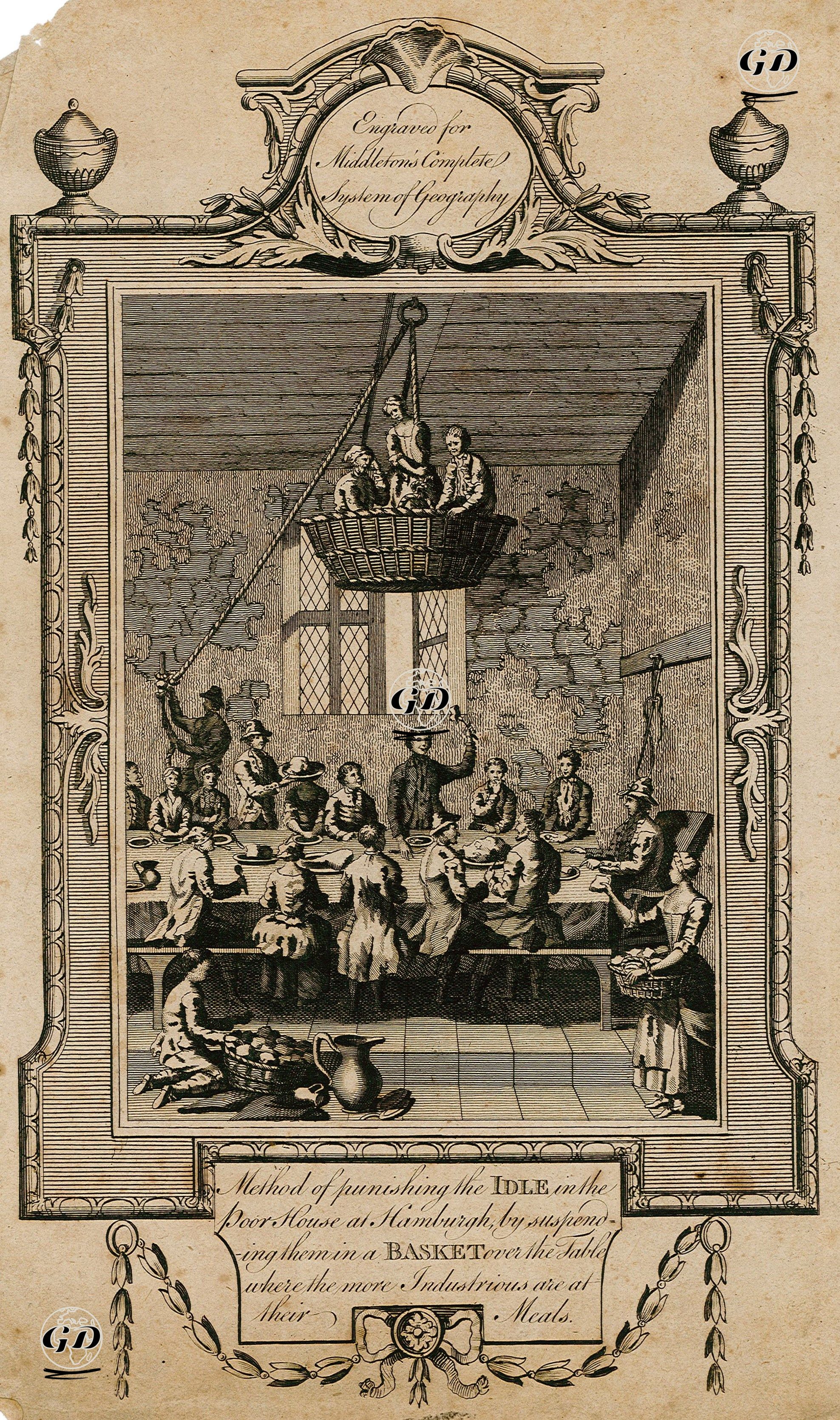 Method Of Punishing The idle in The Poor House at Hamburgh By Suspending Them in A Basket Over The Table Where The More industrious Are At Meals -  - 1777