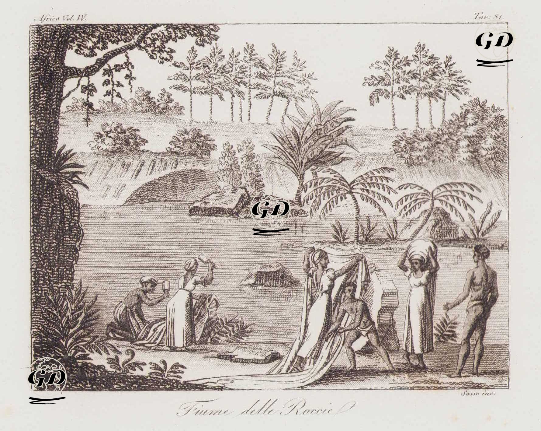 Madagaskar'da Bir Nehirde Kıyafetleri Döven, Yıkayan ve Kayaların Üzerinde Kurutan Kadınlar, Afrika Cilt IV. Resim 81. -  - 1820's-1840's