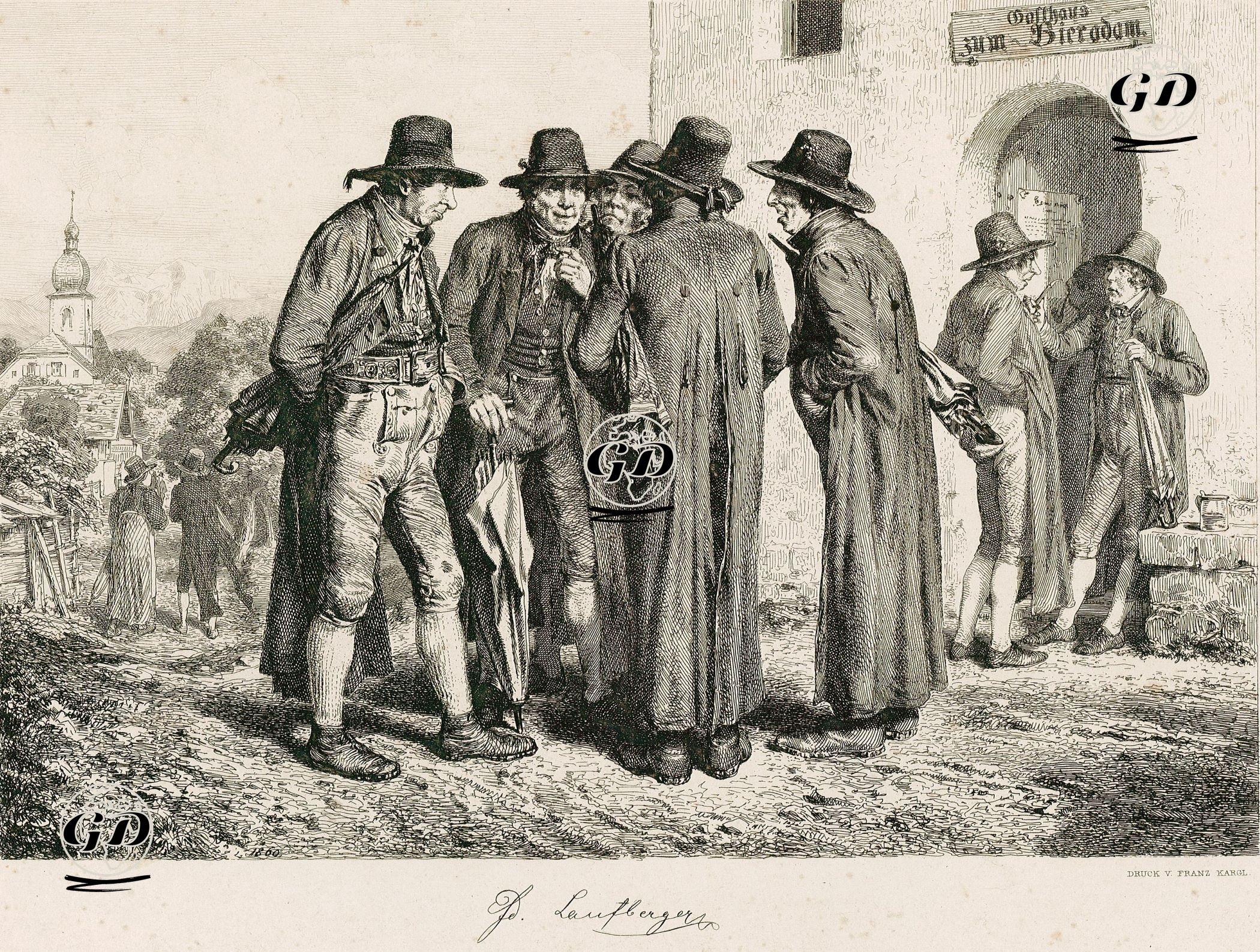 Gathering in Front of the Gasthaus zum Bier Adam (Bier Adam Inn), Berchtesgaden, Germany - Ferdinand Laufberger (1829-1881) - 1860