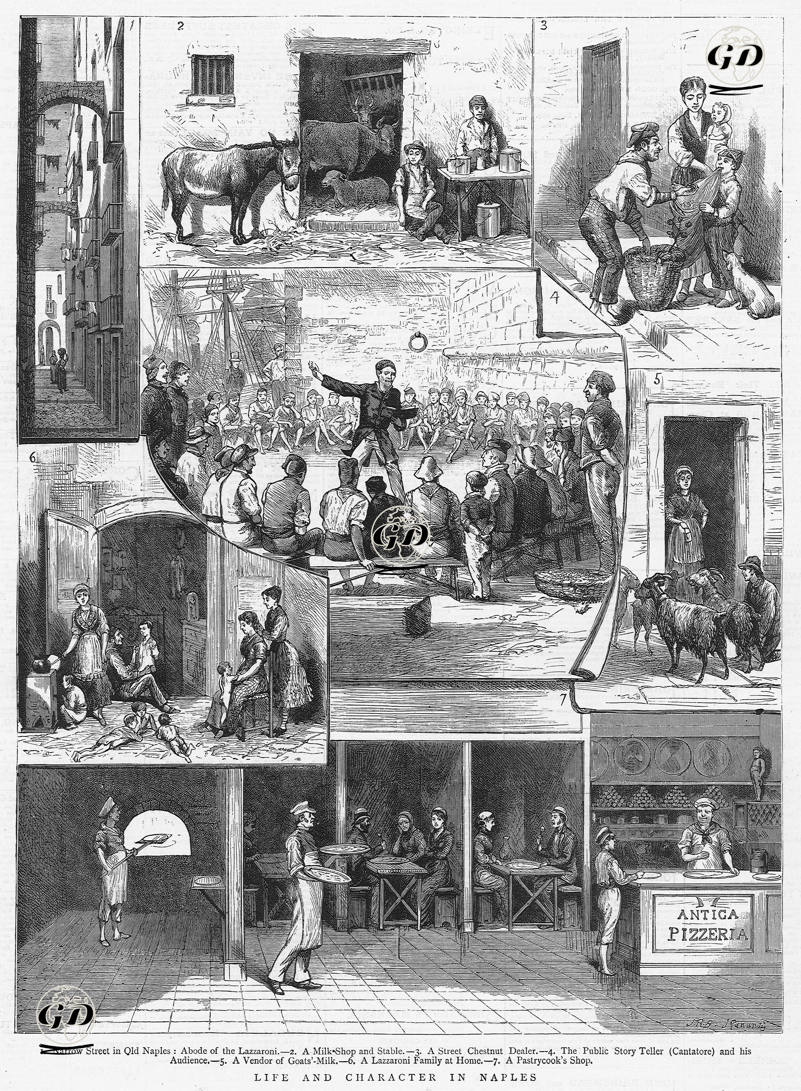 Napoli'de Günlük Hayat Ve Portreler-1.Fakir Napolilerin(Lazzaroni) Oturduğu Eski Napolide Dar Bir Sokak 2.Bir Sütçü Dükkanı ve Tezgahı 3.Bir Sokak Kestane Satıcısı 4.Bir Hikaye Anlatıcısı (Meddah) Ve Dinleyenleri 5.Keçi Sütü Satıcısı 6.Fakir Napolili Bir Ailenin Evi 7. Bir Pizza Dükkanı -  - 1881