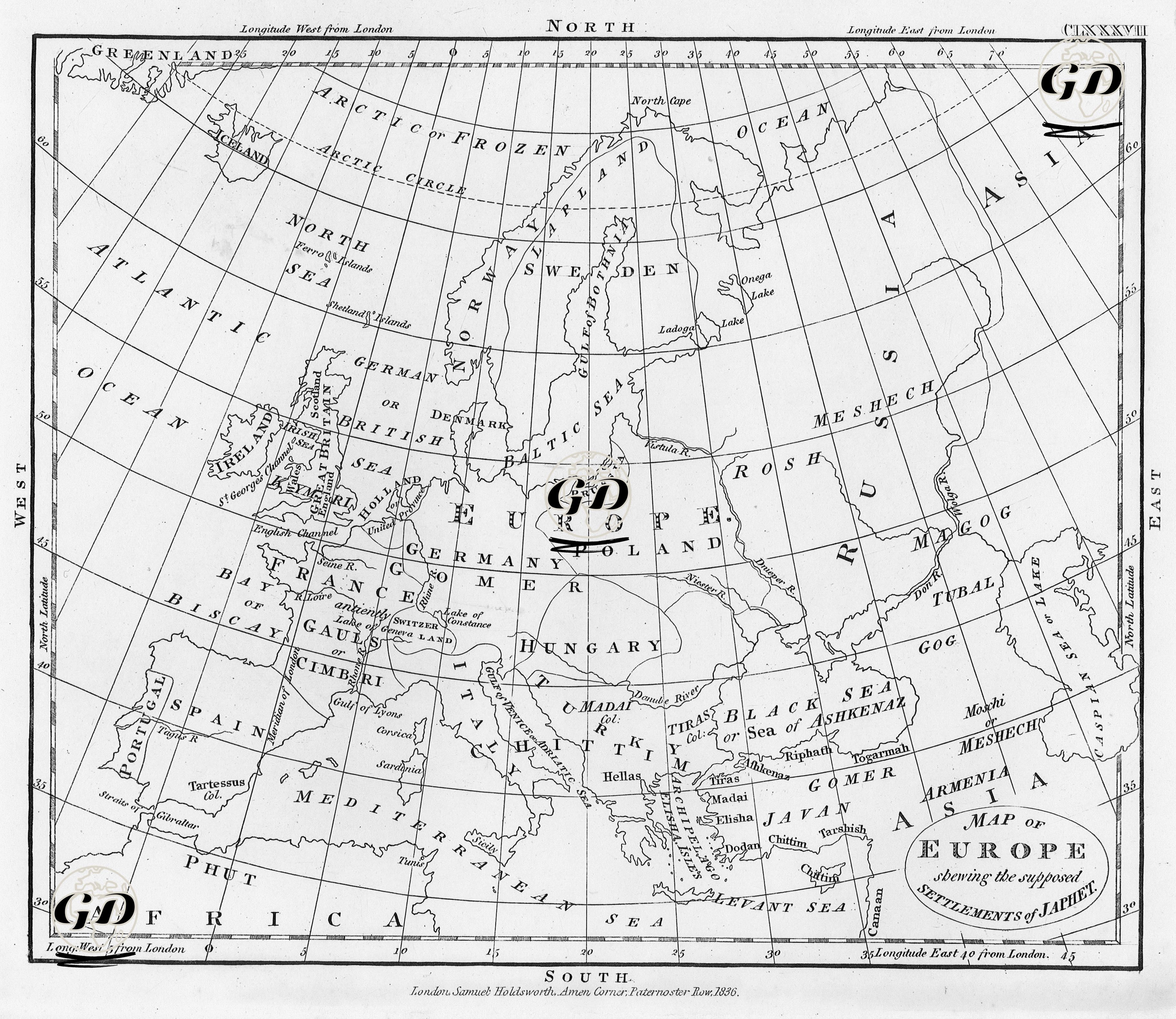 Map Of Europe Showing The Supposed Settlements Of Japhet -  - 1836