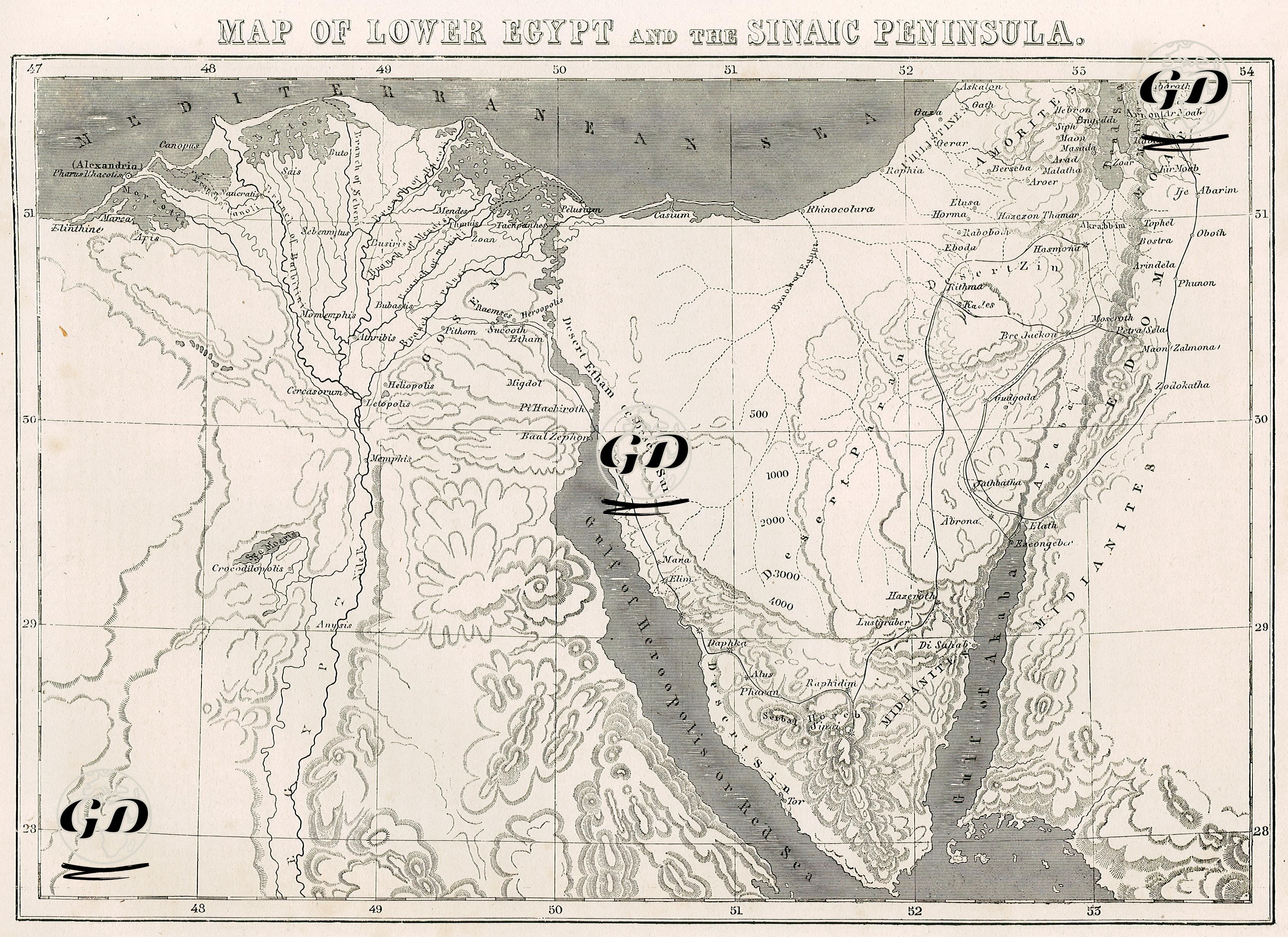 Map Of Lower Egypt And The Sinaic Peninsula -  - 1870's