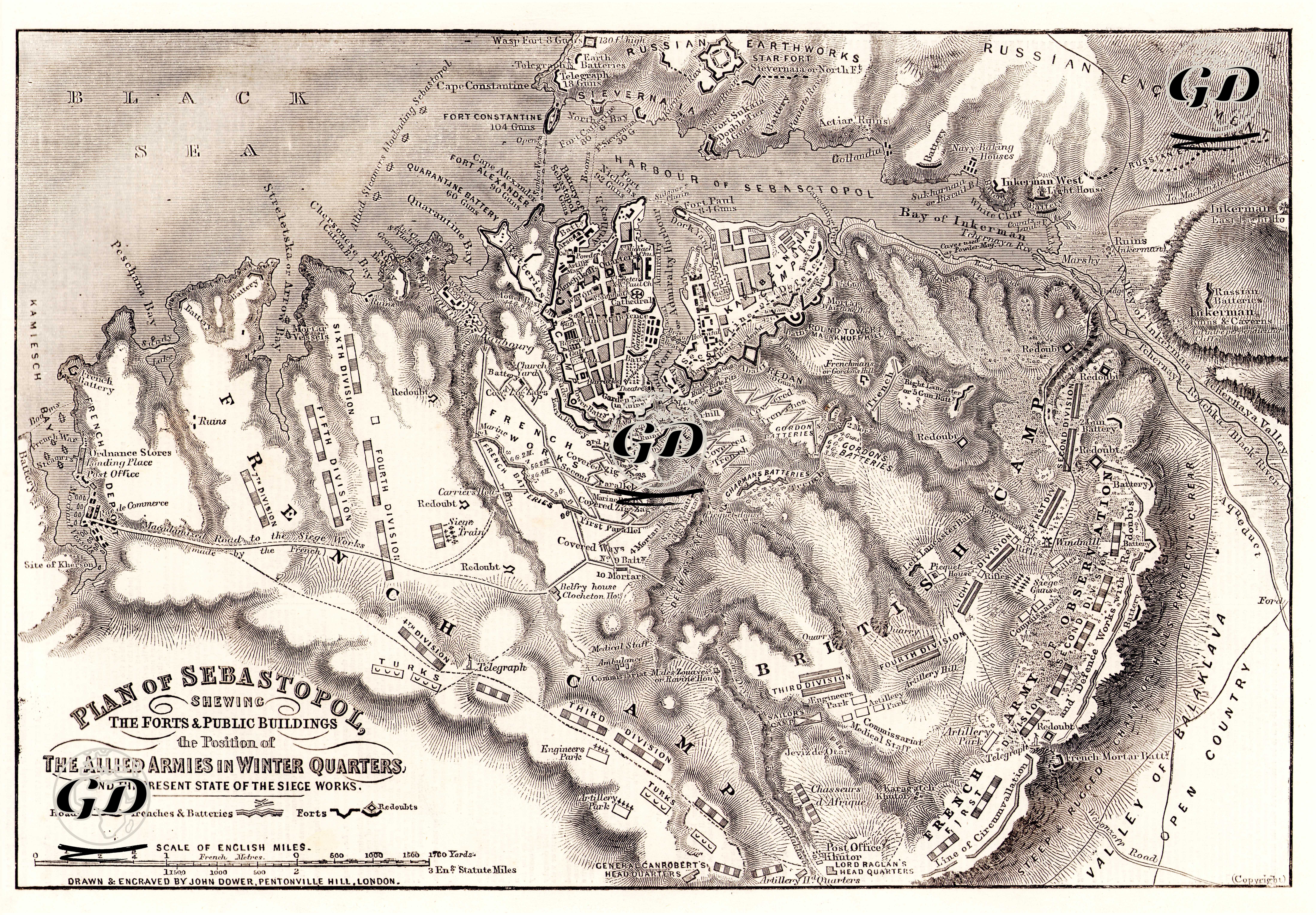 Plan Of Sebastopol, Shewing The Forts And Public Buildings The Position Of The Allied Armies in Winter Quarters -  - 1855