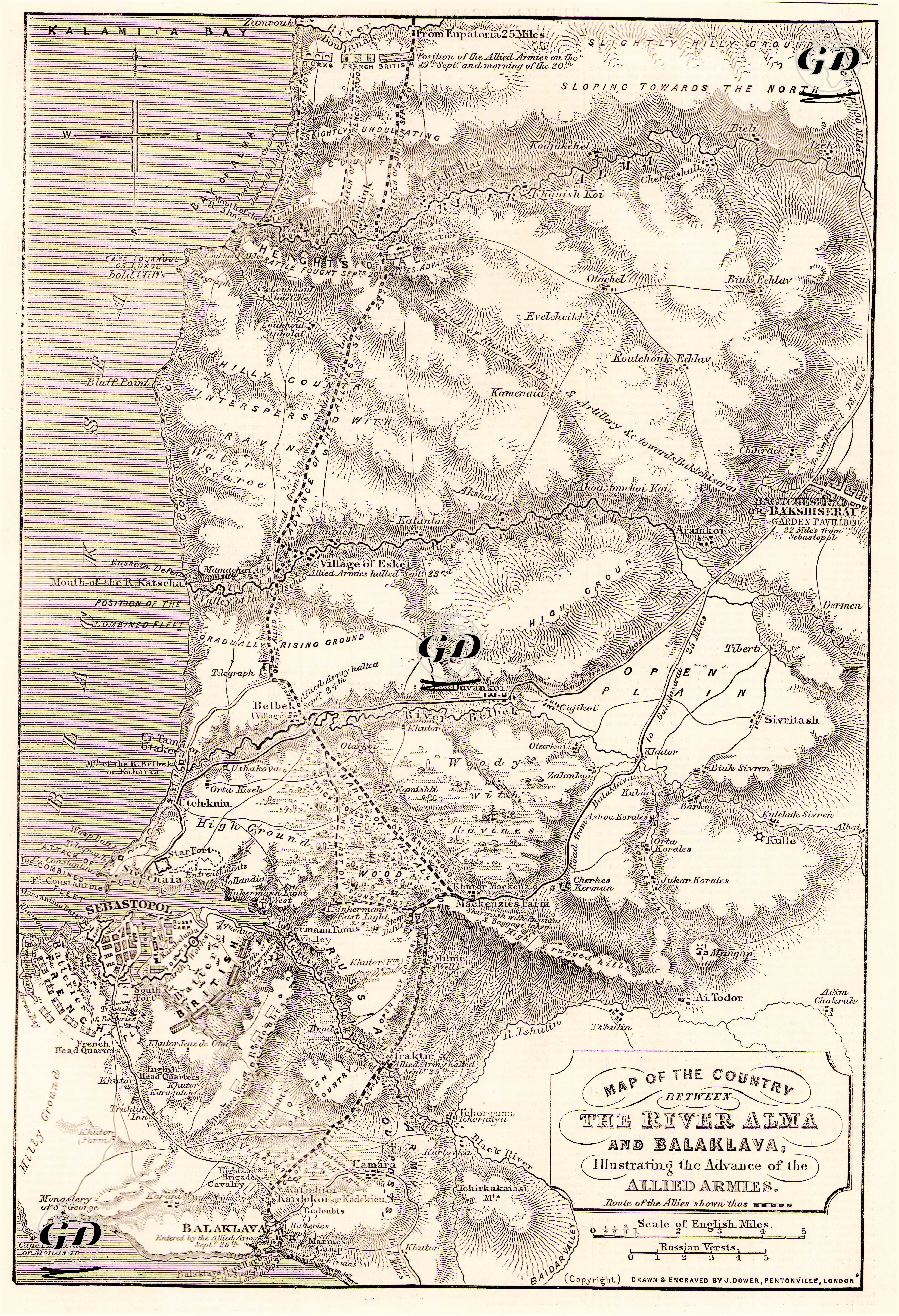 Map Of The Country Between The River Alma And Balaklava, illustrating The Advance Of The Allied Armies - John James Dower (1825-1901) - 1855