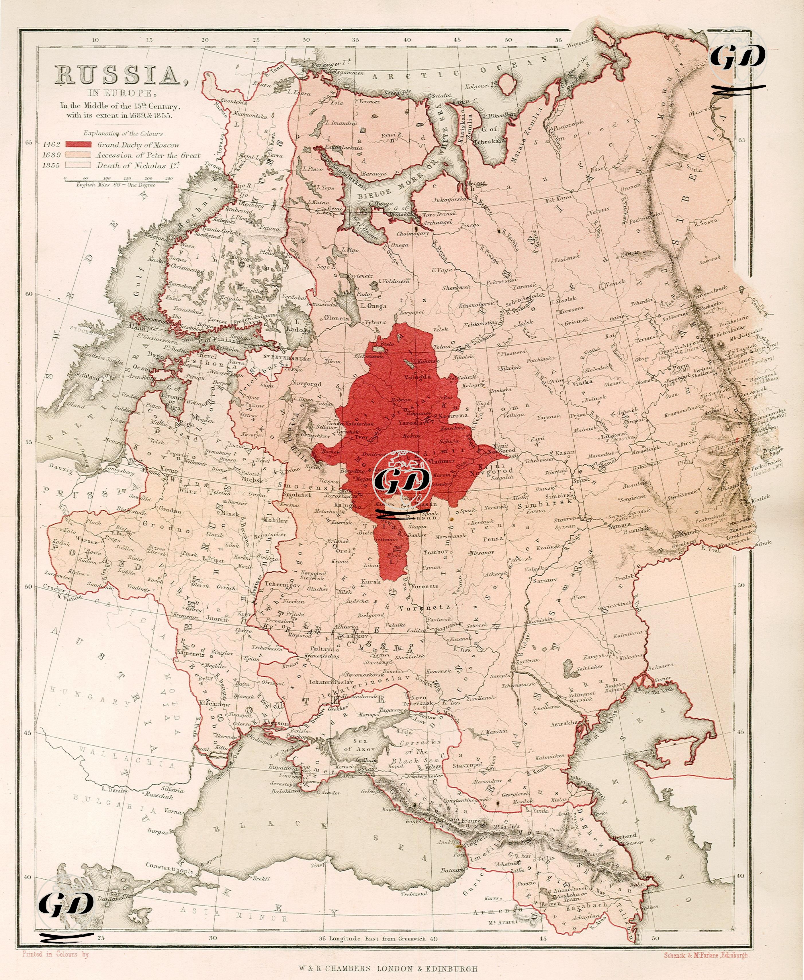 Russia In Europe, In The Middle Of The 15th. Century With its Extent In 1689 & 1855 -  - 1856