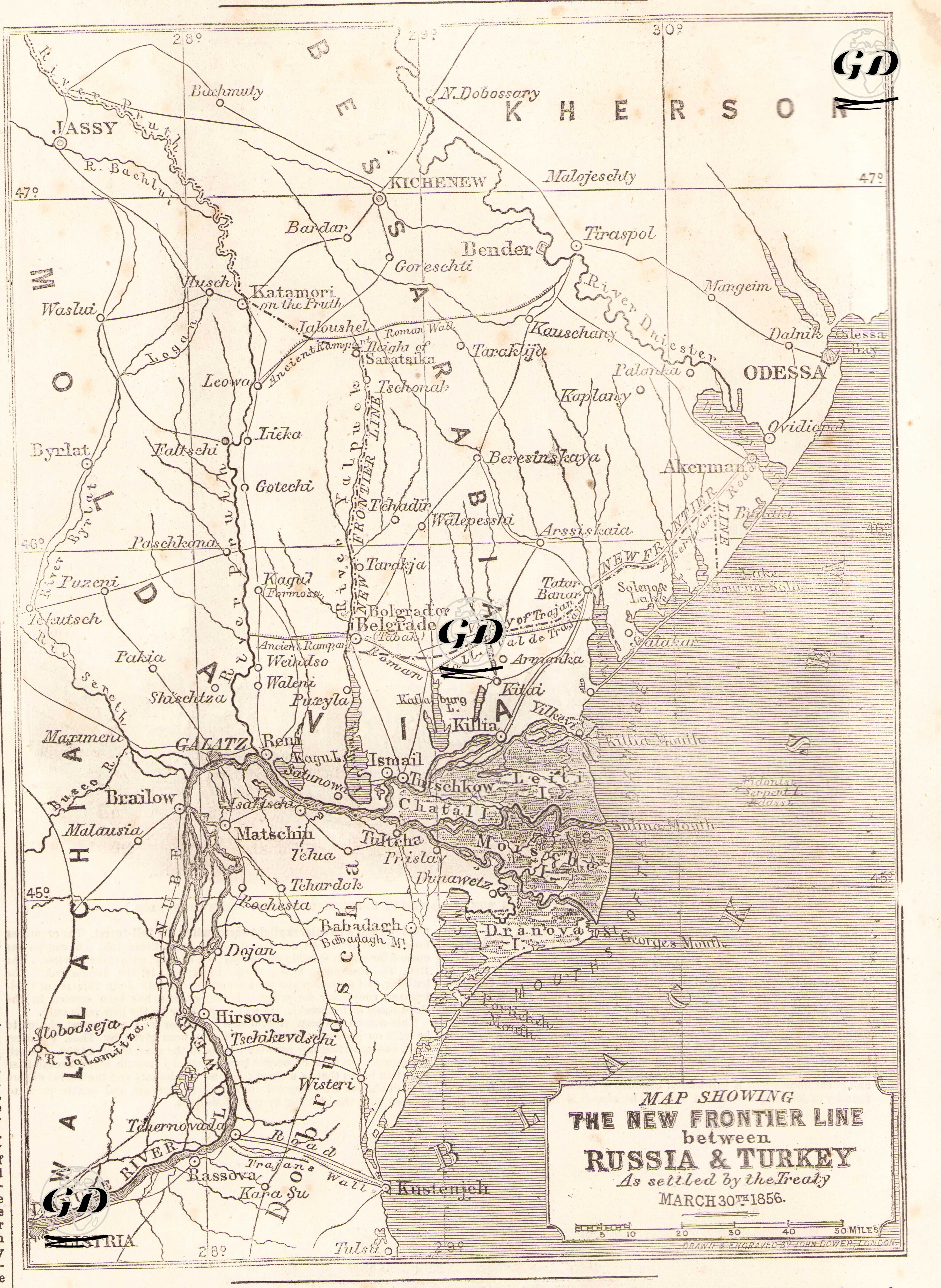 Map Showing The New Frontier Line Between Russia & Turkey, As Settled By The Treaty March 30 1856 -  - 1856