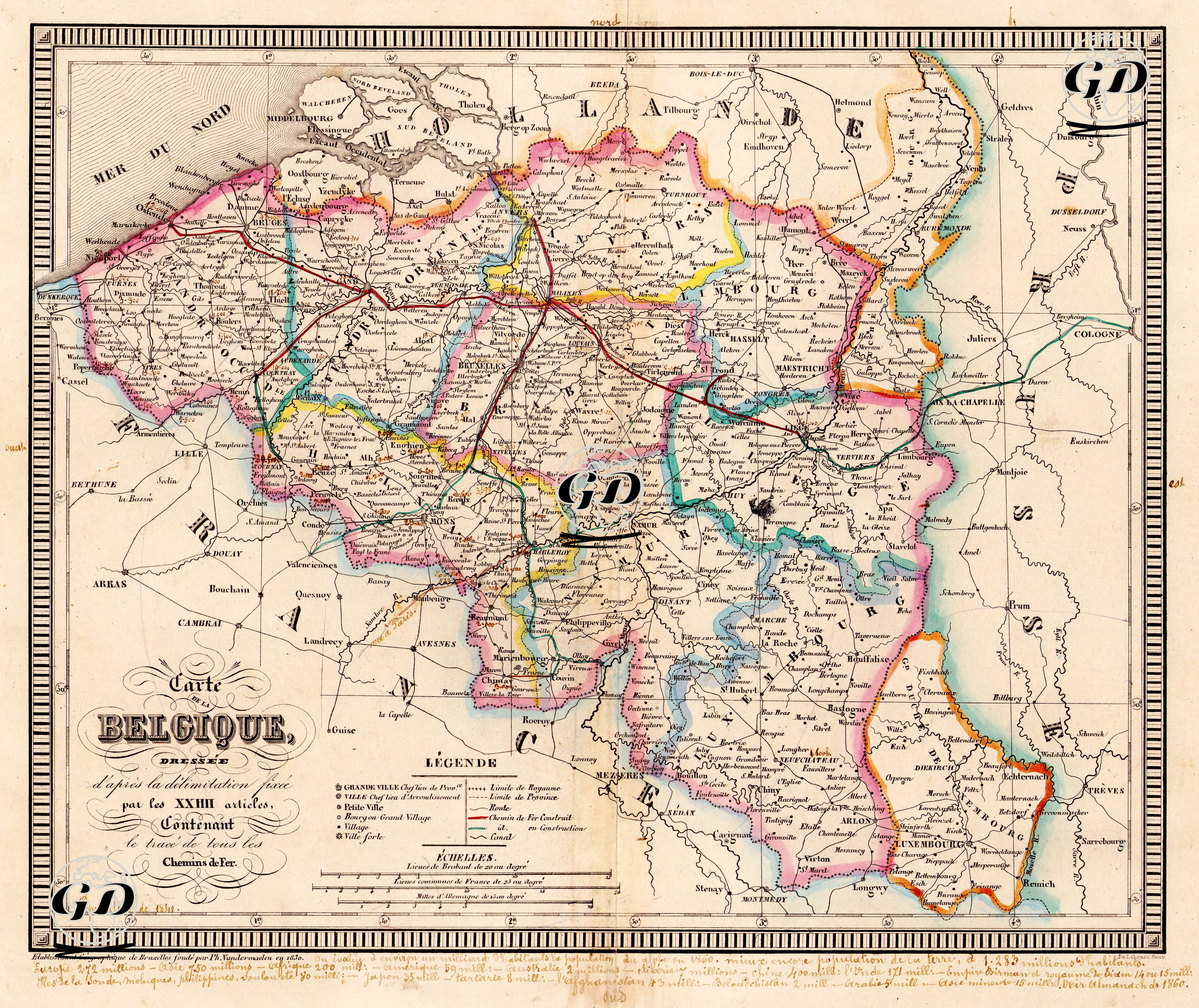 Carte De La Belgique, Dressee D'Apres La Delimitations Fixee Par Les XXIIII. Articles, Contenant Le Trace De Tous Les Chemins De Fer (Map of Belgium, Drawn According to the Delimitations Fixed by the XXIII Articles (The Treaty of London, 1839), Containing the Trace of All the Railways) - Philippe Marie Guillaume Vandermaelen (1795-1869) - 1840's