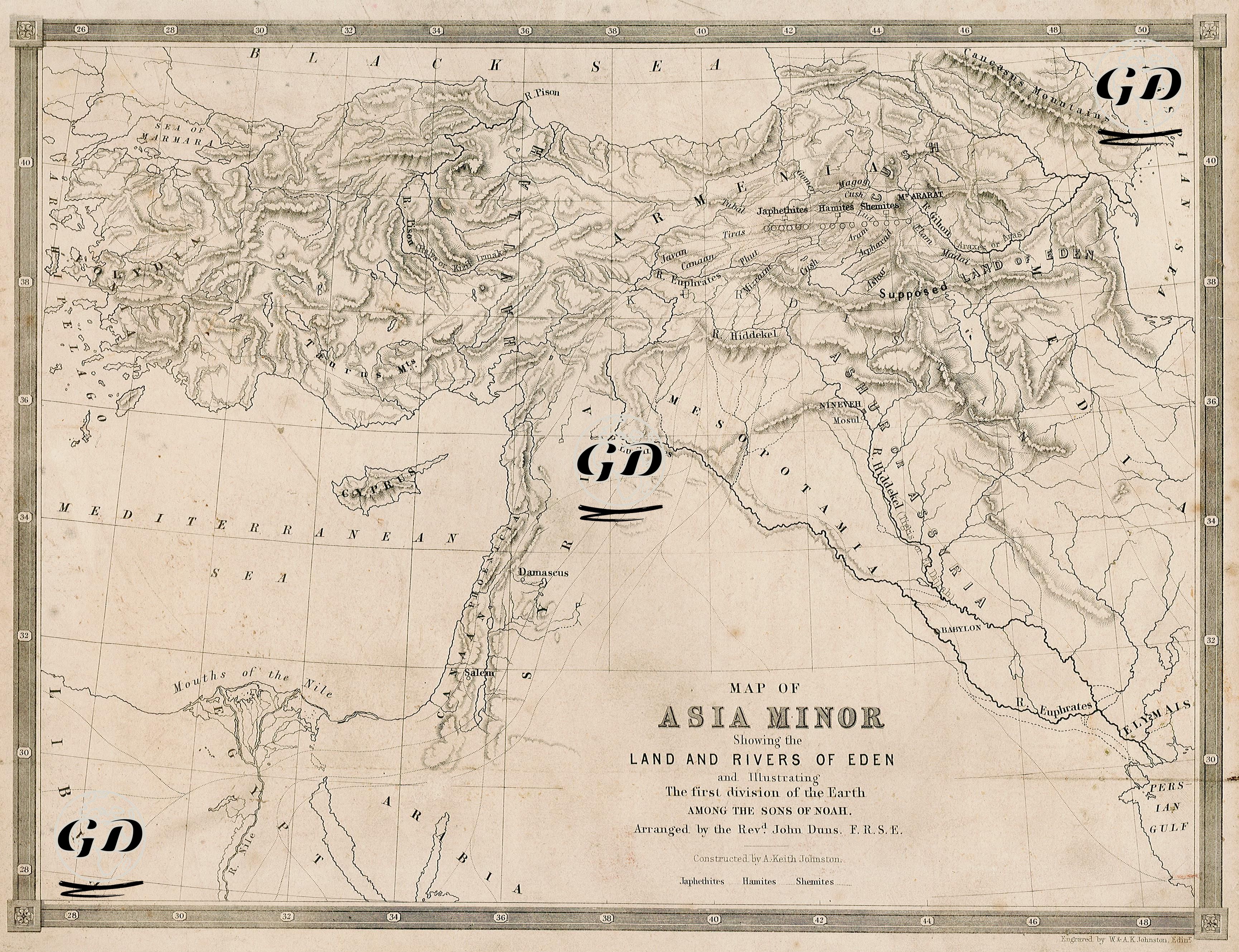 Map Of Asia Minor, Showing The land And Rivers Of Eden And Illustrating The First Division Of The Earth, Among The Sons Of Noah - Alexander Keith Johnston (1804-1871) - 1850's