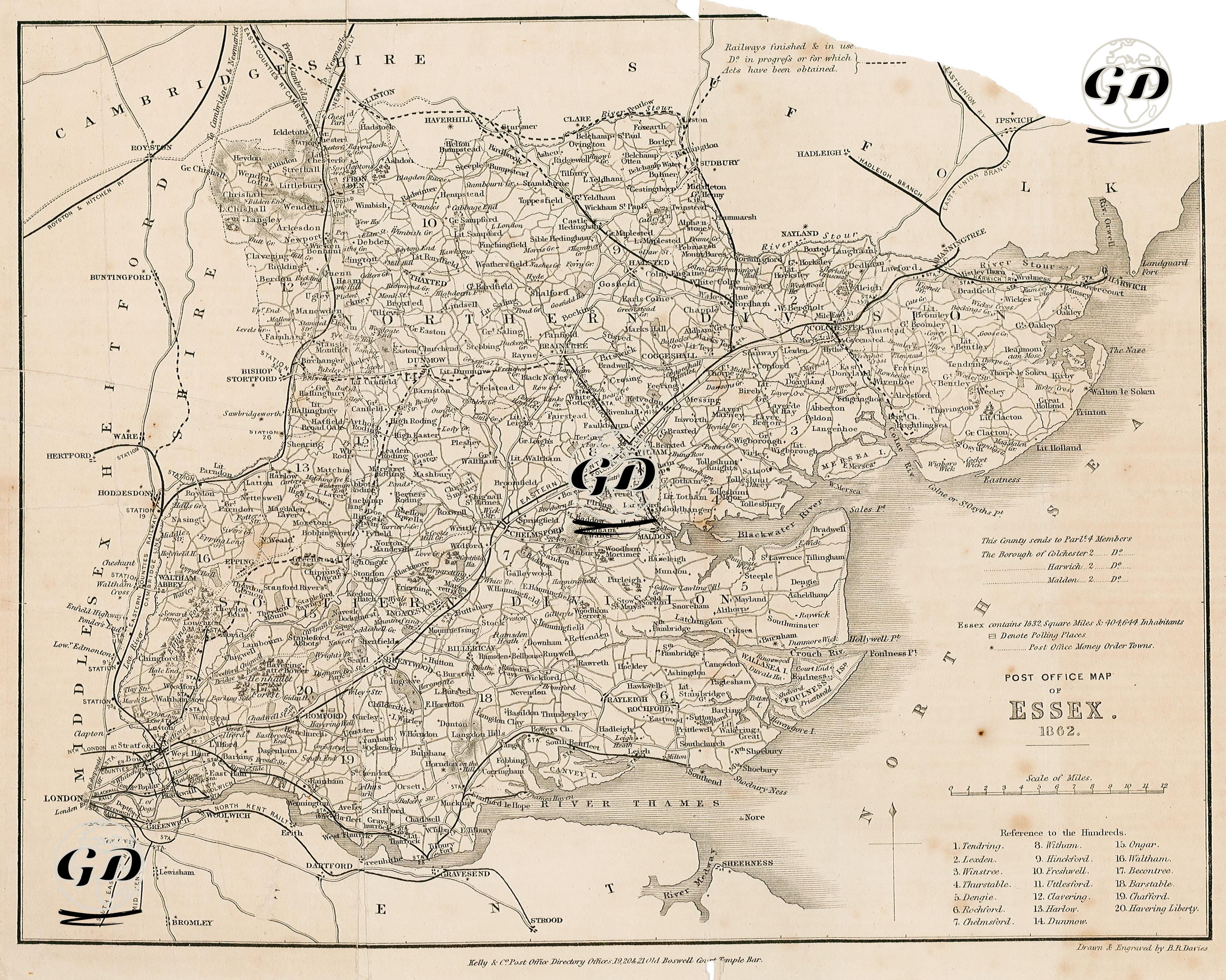 Post Office Map Of Essex - B.R.Davies (Active 1830's-1860's) - 1862