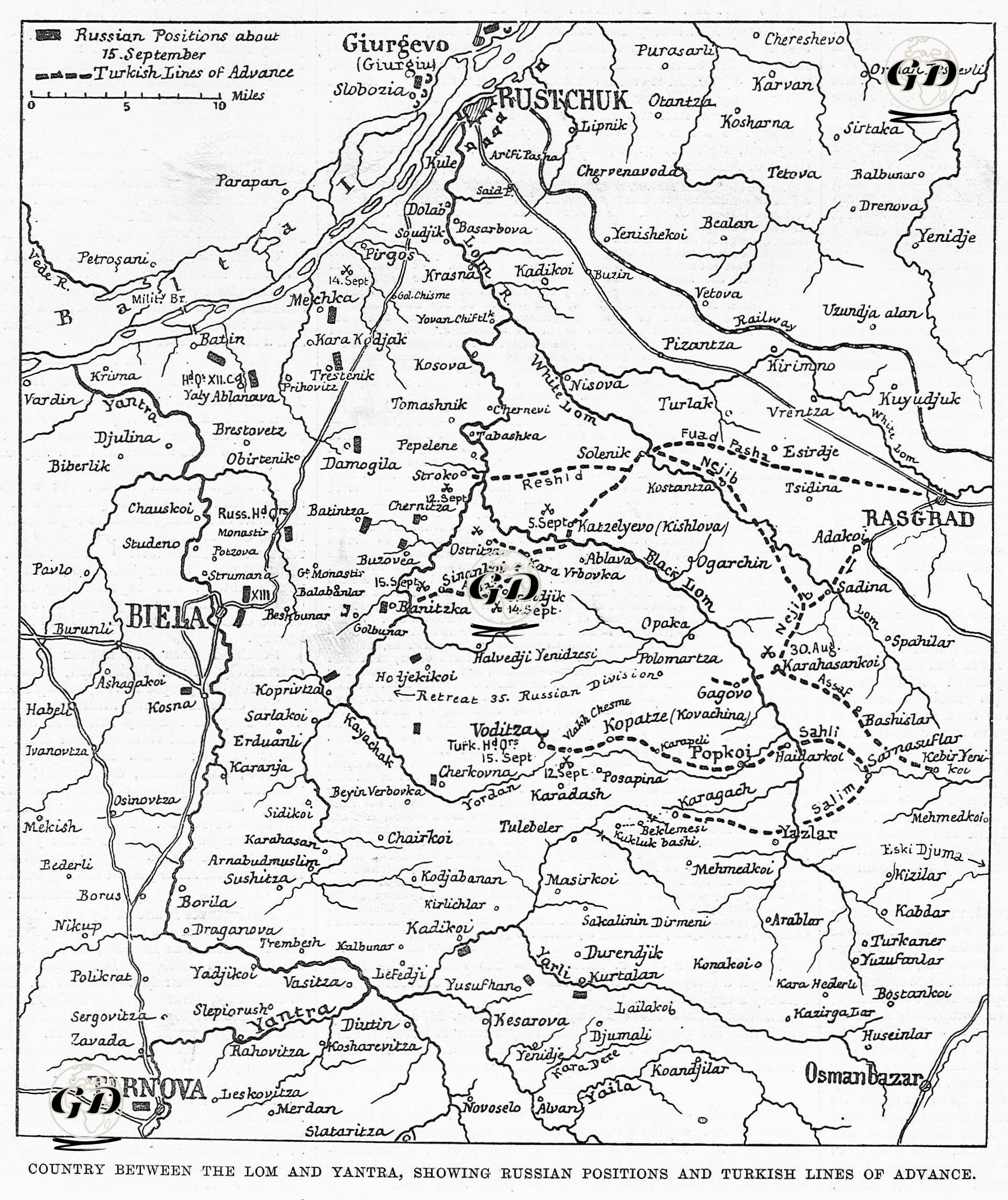 Country Between The Lom And Yantra,  Showing The Russian Positions And Turkish Lines Of Advance -  - 1877