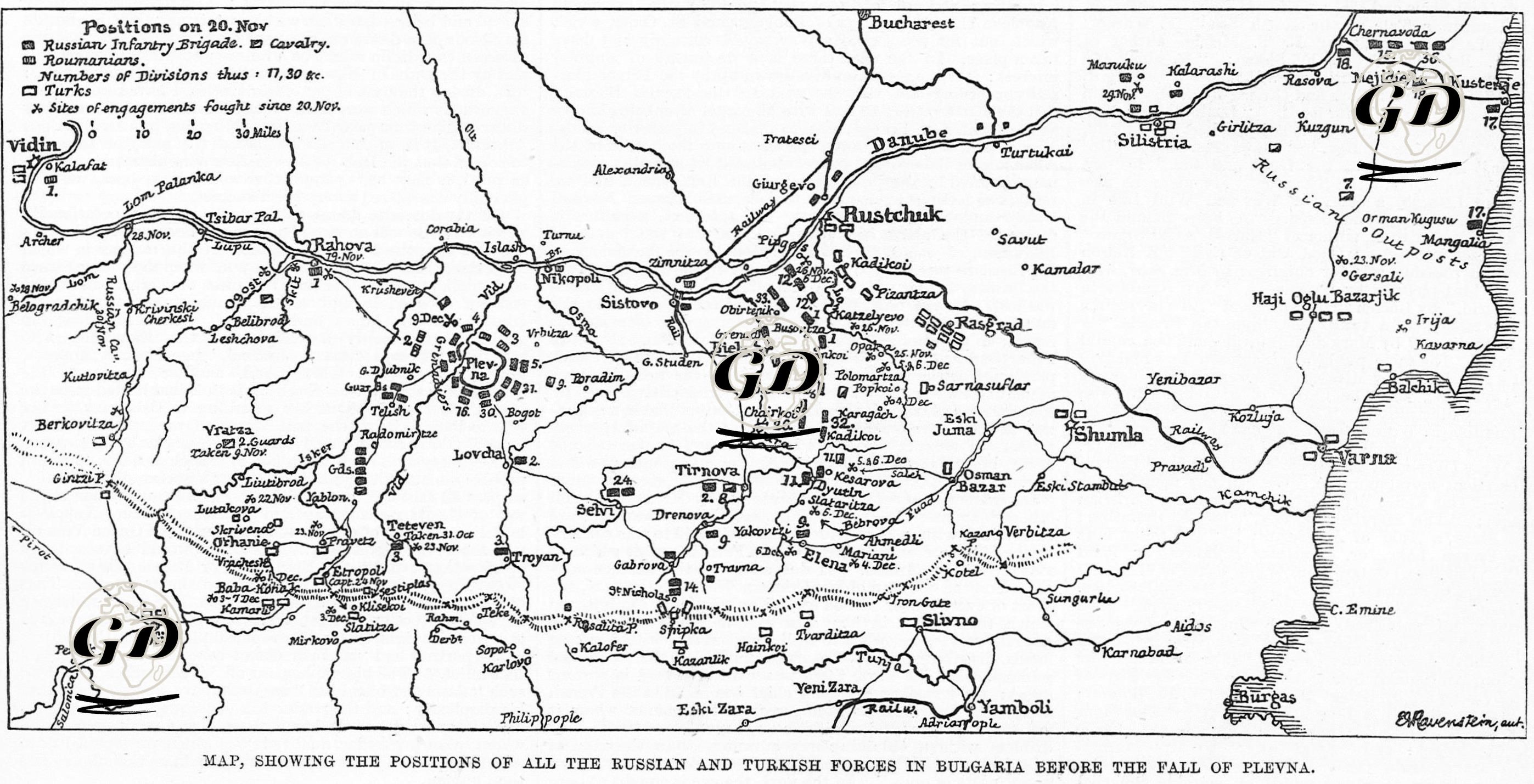 Map, Showing The Pasitions All Of The Russian And Turkish Forces İn Bulgaria Before The Fall Of Plevna -  - 1877