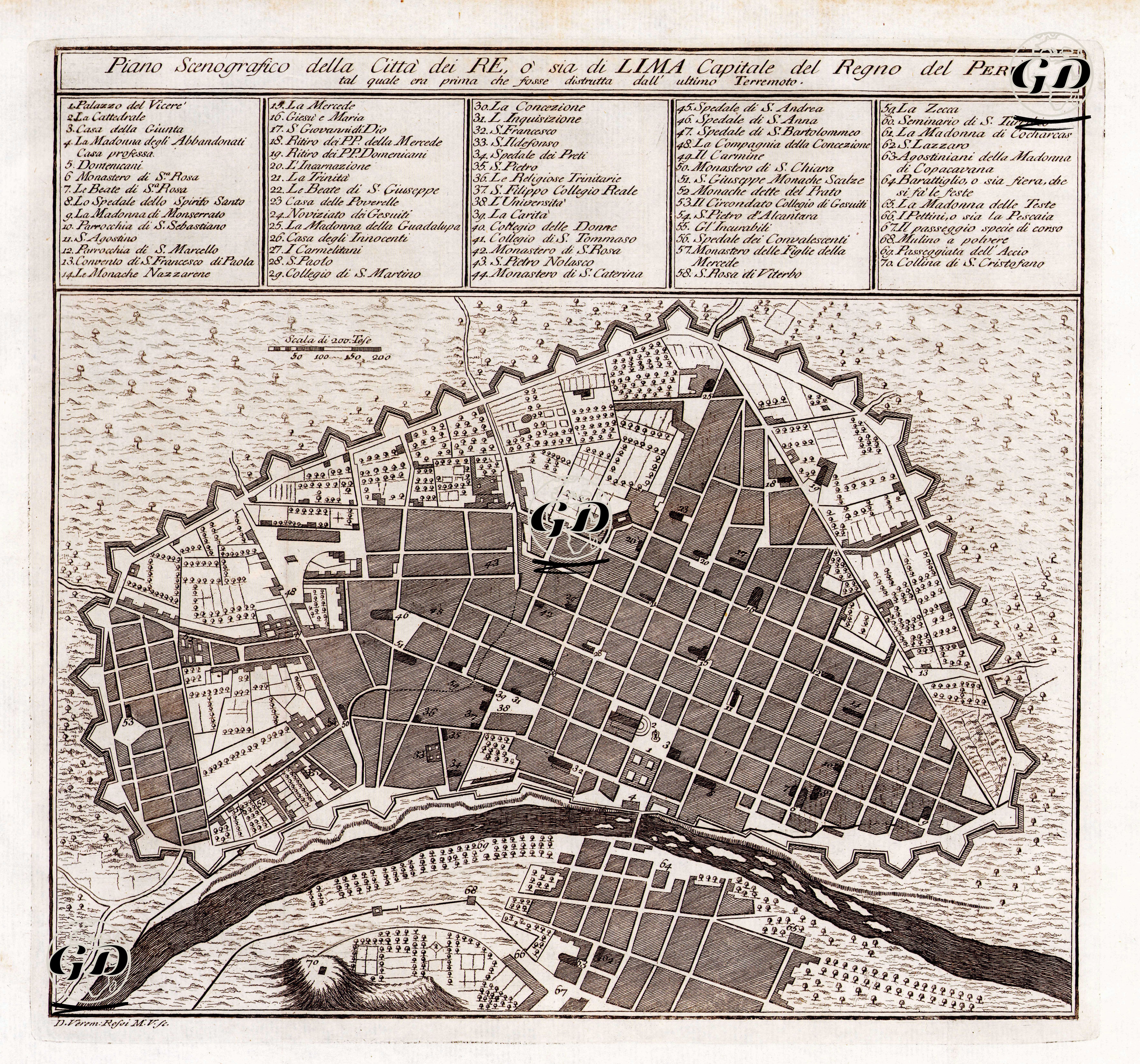 Piano Scenografico Della citte Dei Re, O Sia Di Lima Capitale Del Regno Del Peru, Tal Quale Era Prima Che Fosse Distrutta 
Dall'ultimo Terremoto (Depiction Map of Lima (King's City), the Capital of the Kingdom of Peru, Before Its Destruction in the Last Earthquake of 1746) - D.Veremondo Rossi (Active 1755-1763) - 1763