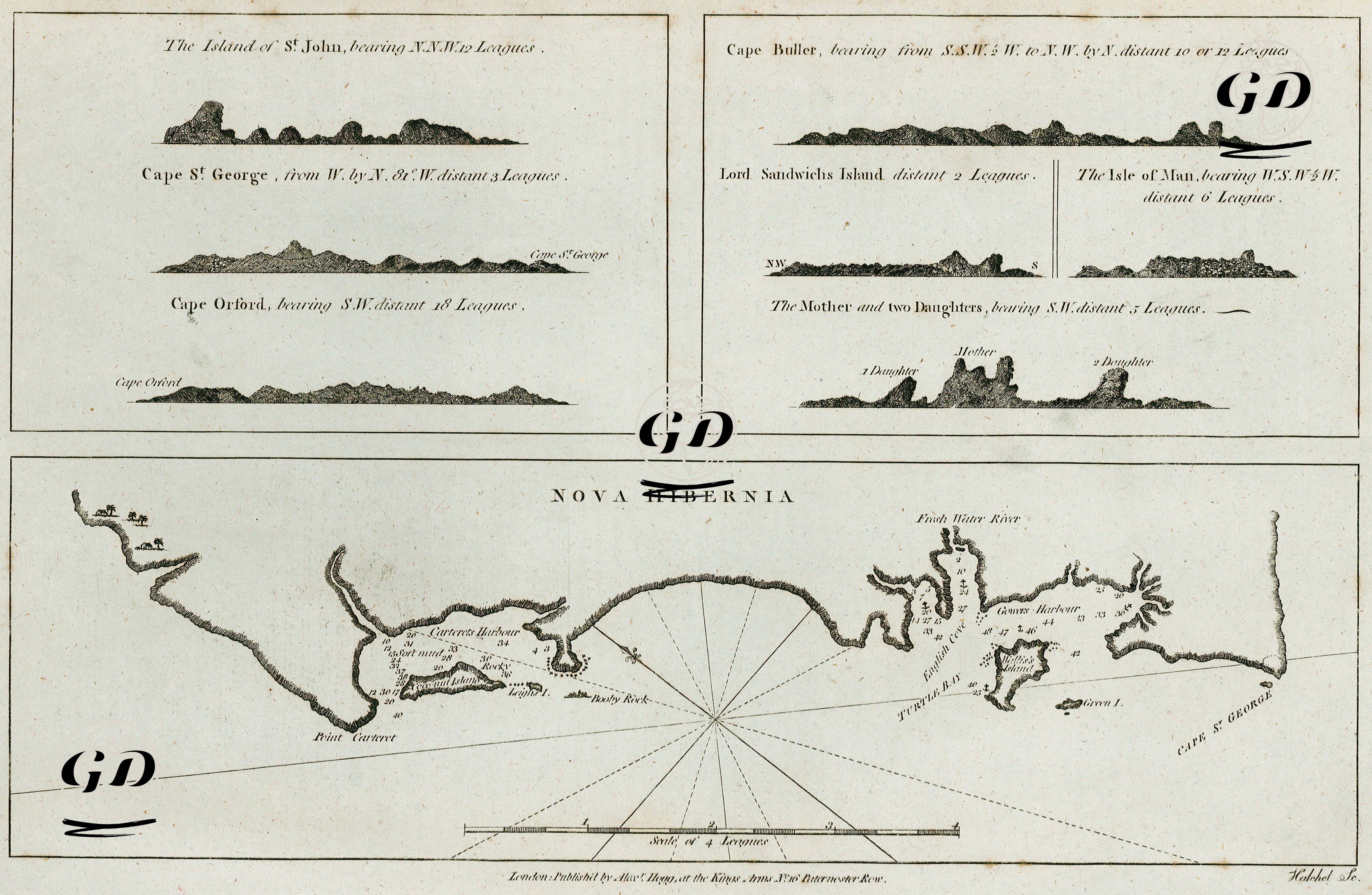 Nova Hiberna, The Island Of St. John, Cape St. George, Cape Orford, Cape Buller, Lord Sandwich's Island, The Isle Of Man, The Mother 
And Two Daughters - Alexander Hogg (active 1778-1824) - Philip Carteret (1733-1796) - 1784