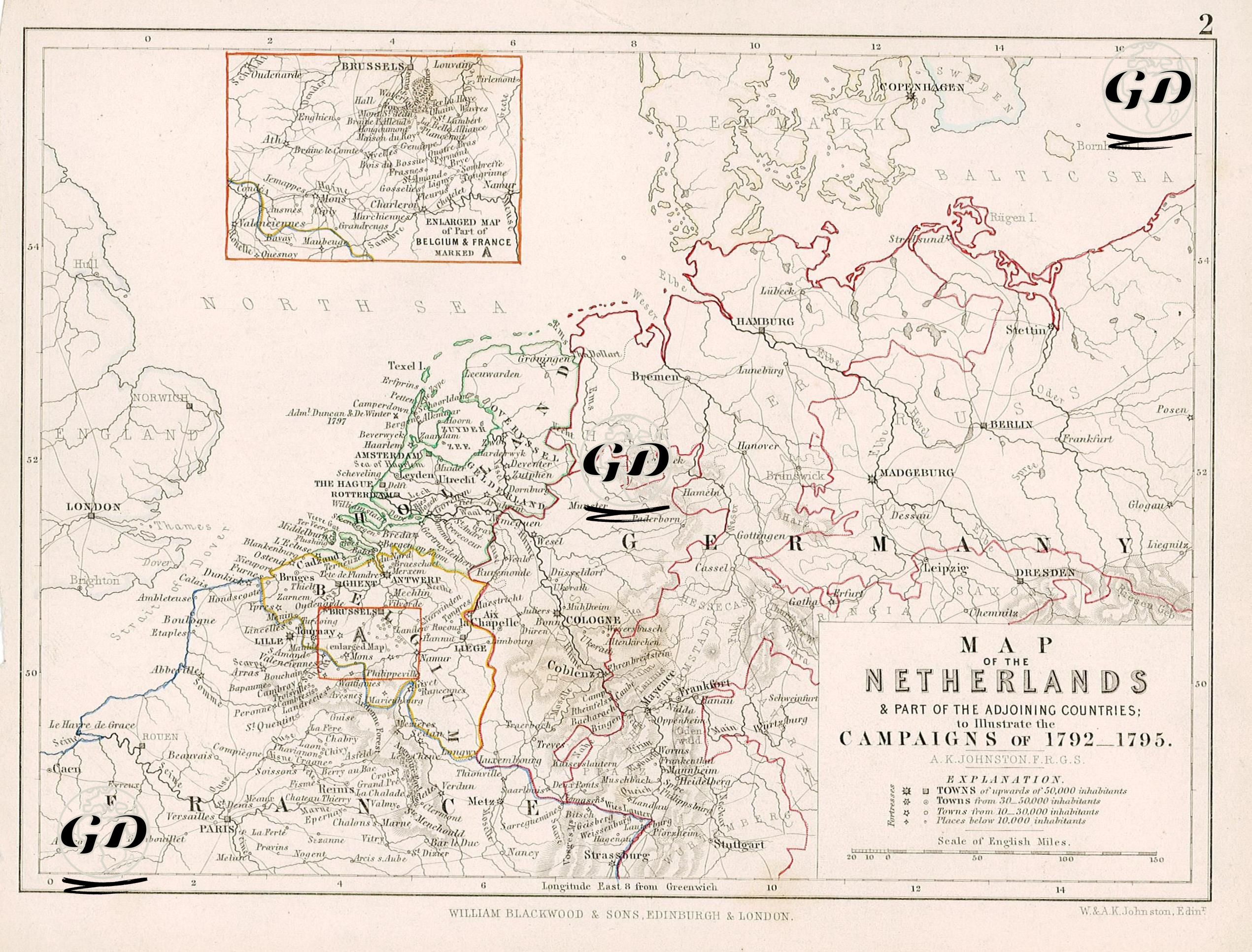Map Of The Netherlands & Part Of The Adjoining Countries, To İllustrate The Campaigns Of 1792-1795 - Enlarged Map Of Part Of Belgium & France - Alexander Keith Johnston (1804-1871) - 1848